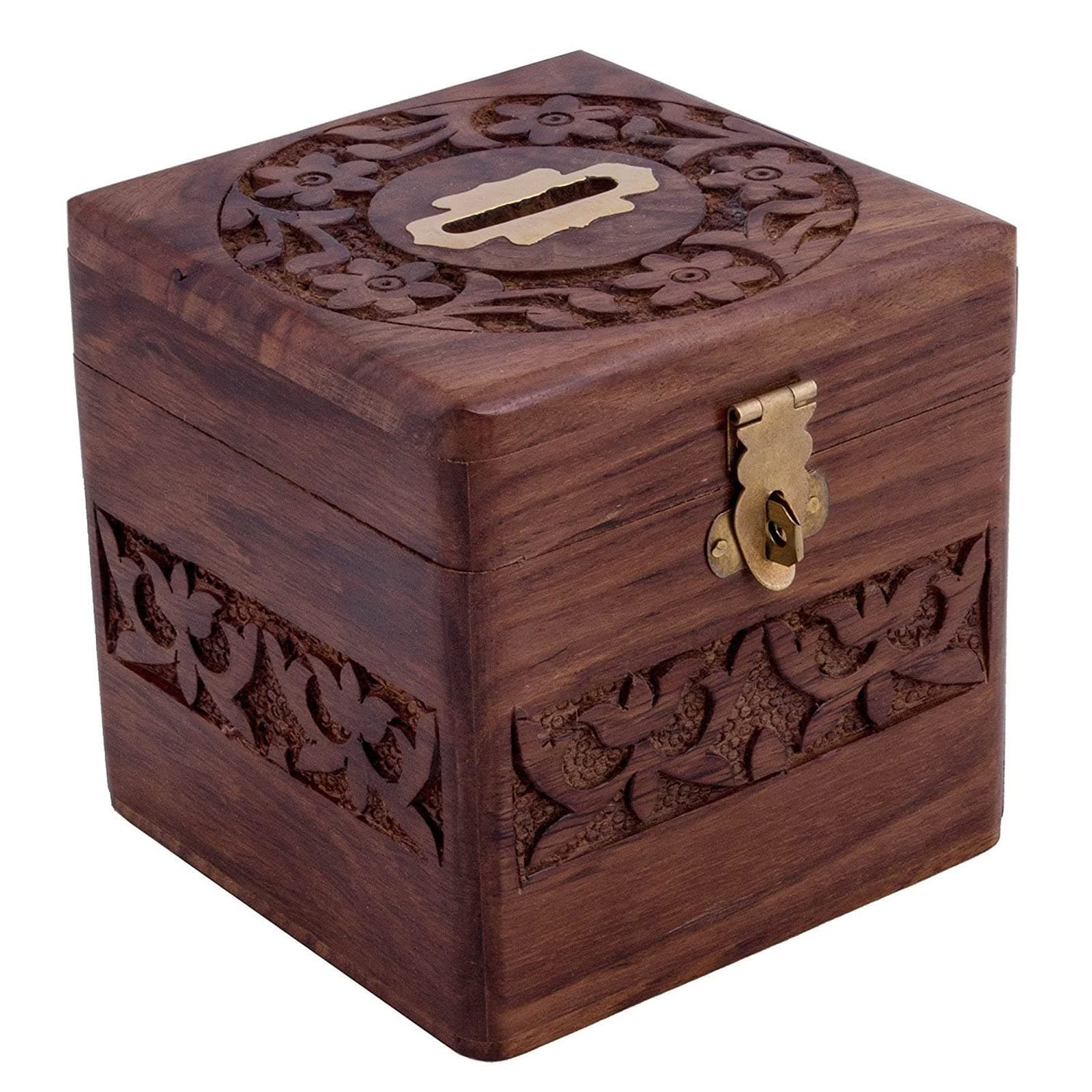 4 Inch Carved Wooden Piggy Bank - Coin Storage Box for Adults and Children - Money Saving Container for Home (Without Lock)