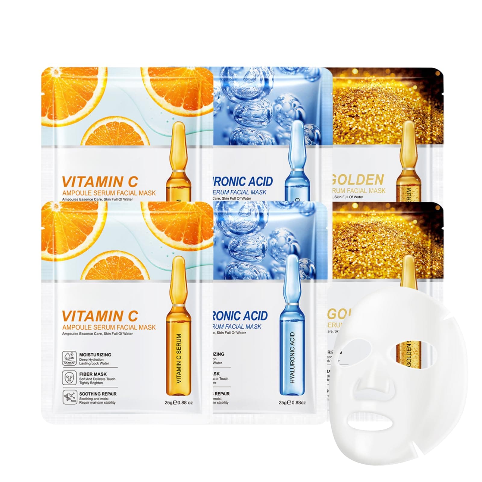 6-Pack Face Mask Set-Hydrating Face Mask with Hyaluronic Acid, 24K Gold & Vitamin C (2 Each) - Soothing, Brightening,Glowing Skin for Women Men Teens -25ml Essence for All Skin Types