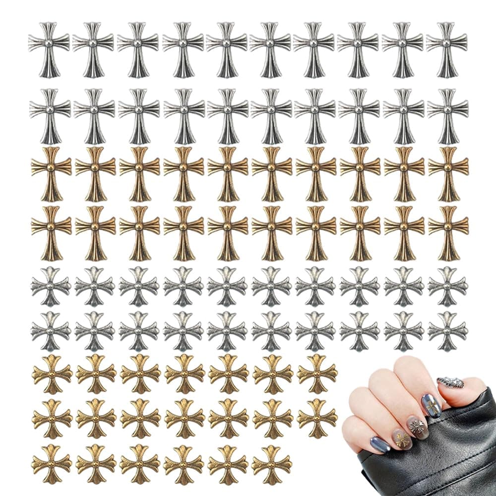 80 PCS Cross Shape Vintage Nail Art Charms Metal Punk Nail Art Decorations 3D Nail Art Accessories DIY Nail Art Gems for Nail Art Design Crafting Party Daily Wedding