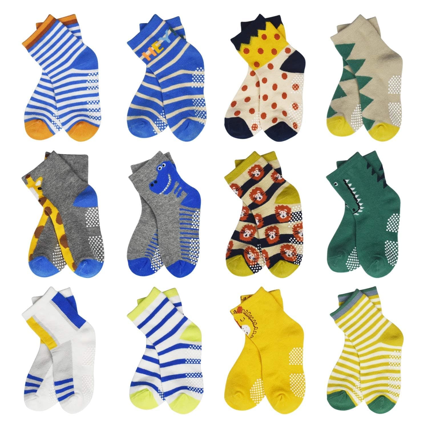 HYCLES Anti Slip Toddler Socks, 12 Pairs Non-Skid Cotton Grip Kid Socks for 1-7T Boy Girl 6-12 Month Baby