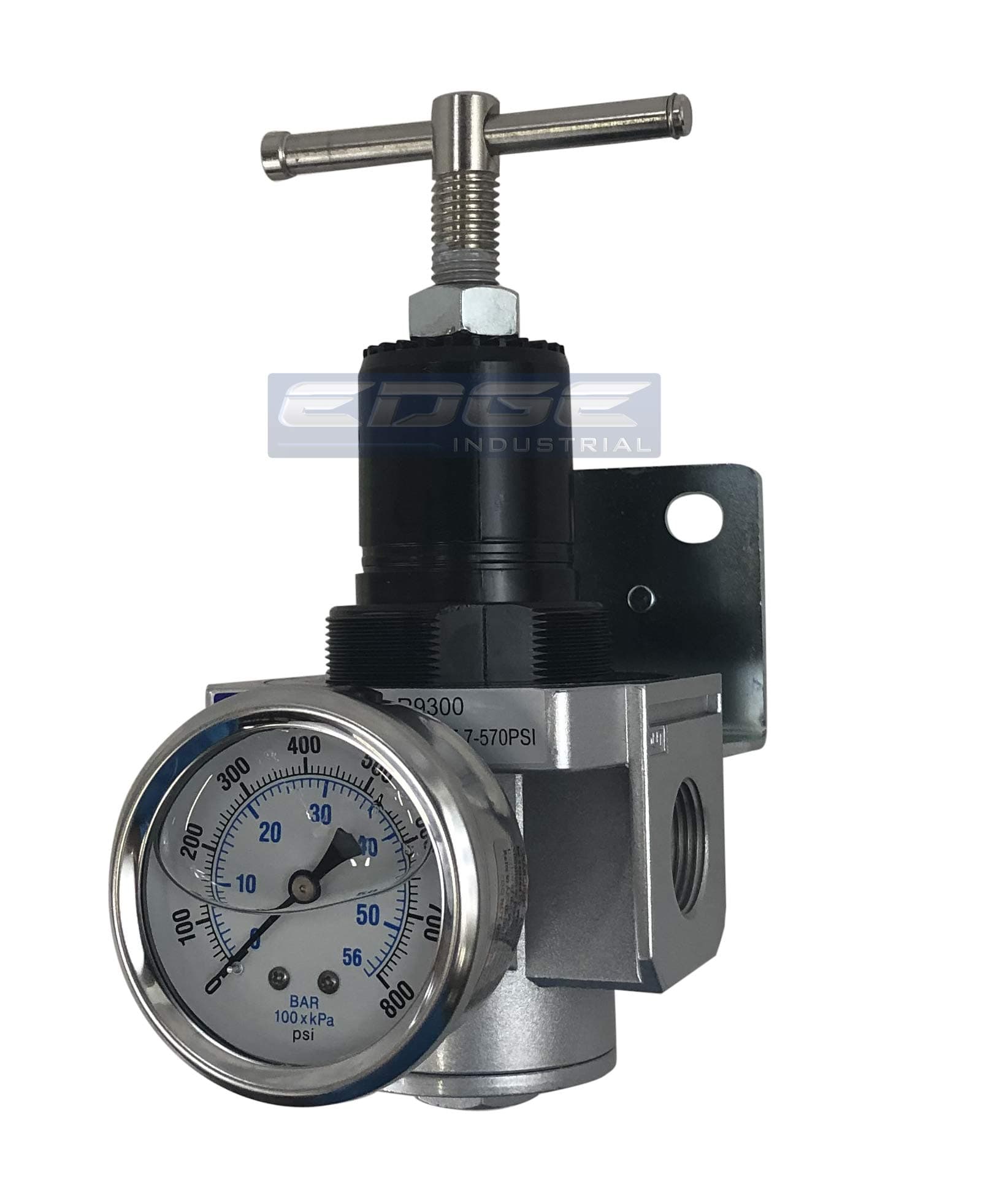 7 TO 570 PSI, 1" NPT, HIGH PRESSURE INDUSTRIAL REGULATOR FOR AIR & INERT GAS, ADJUSTABLE FROM 7 THROUGH 570 PSI, HIGH FLOW RATE, T-HANDLE STYLE ADJUSTMENT WITH LIQUID FILLED PRESSURE GAUGE (1" NPT)