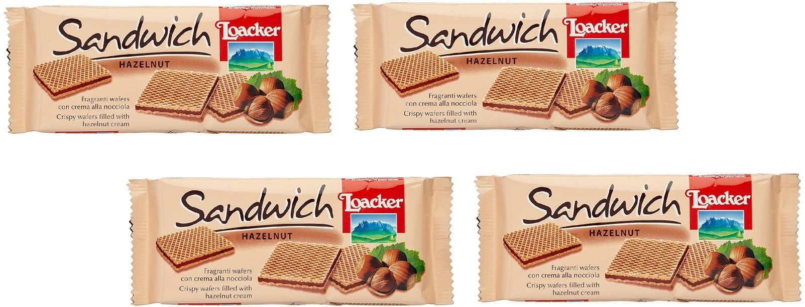 Loacker: " Sandwich " Crispy Wafers Filled with Hazelnut Cream 75gr Packages (Pack of 4) [ Italian Import ]