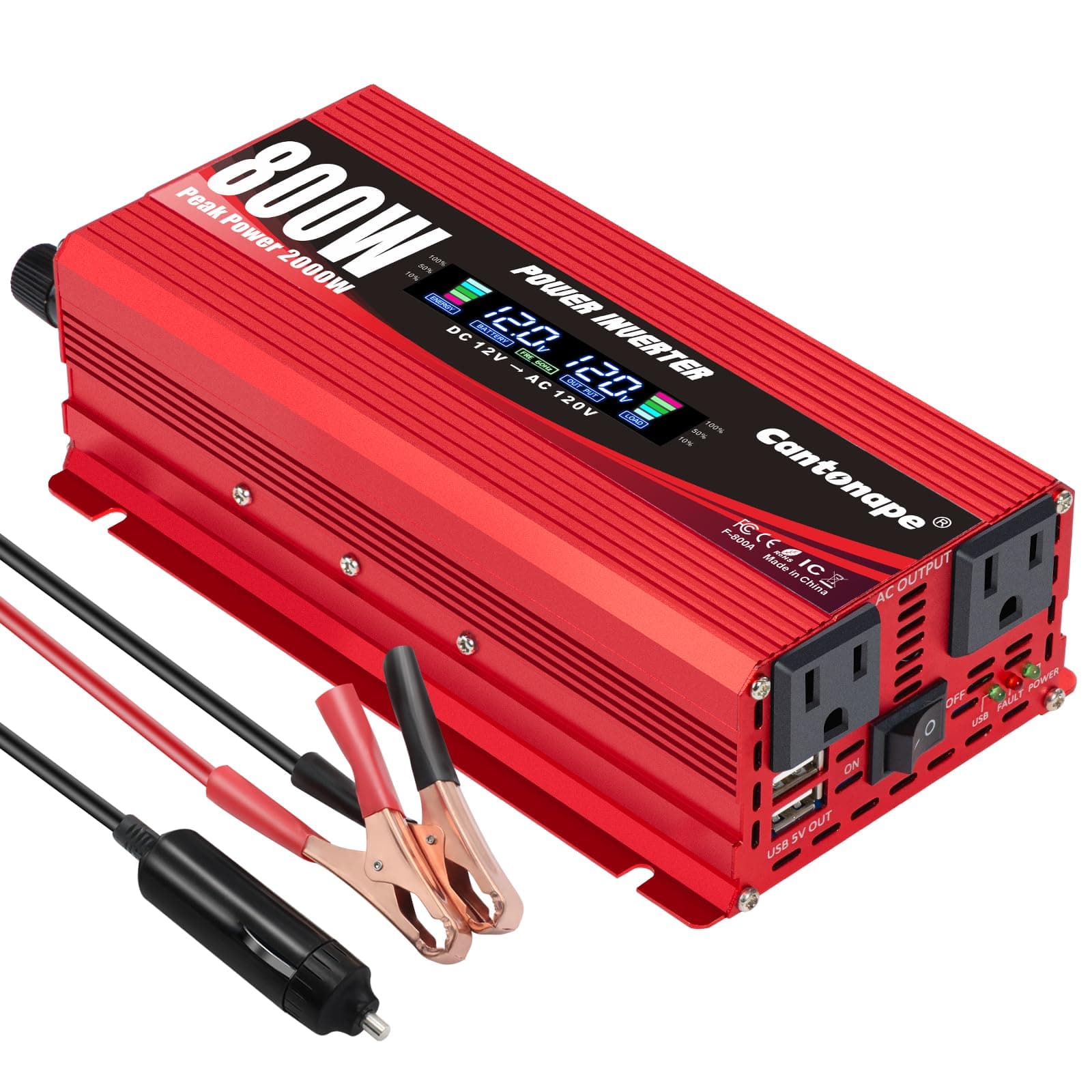 800W/2000W(Peak) Car Power Inverter DC 12V to 110V/120V AC Converter with LCD Display Dual AC Outlets and Dual USB Car Charger for Car Home Laptop Truck Red