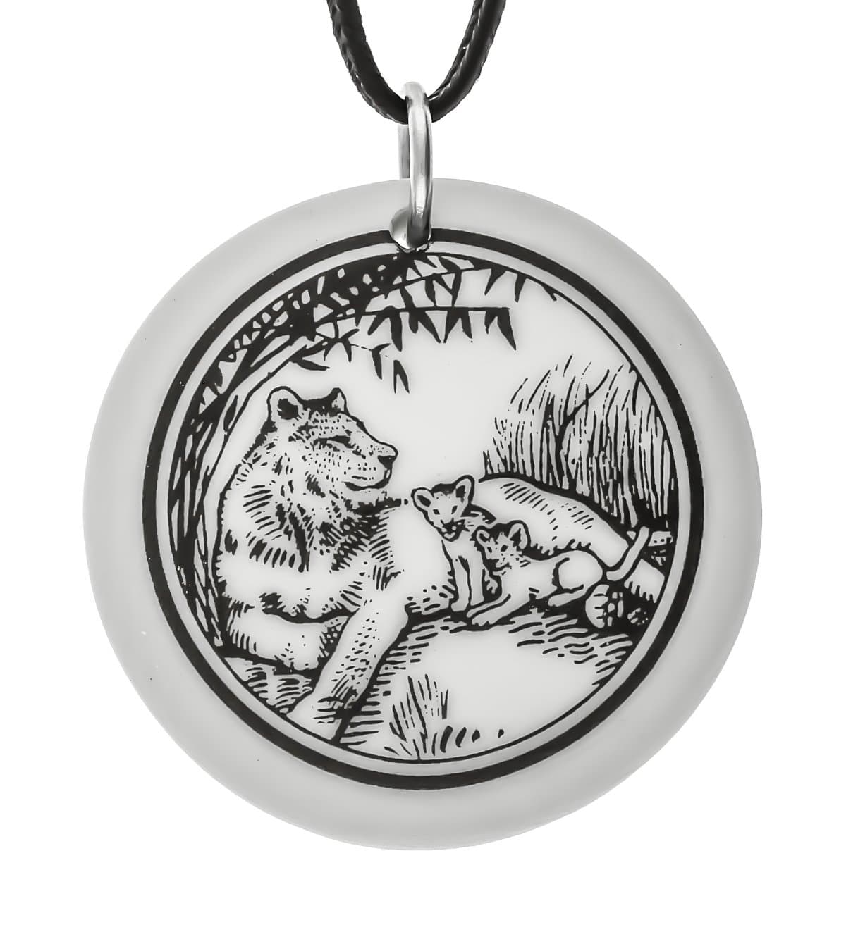 Lioness Totem Round Porcelain Pendant (on Black Cord)