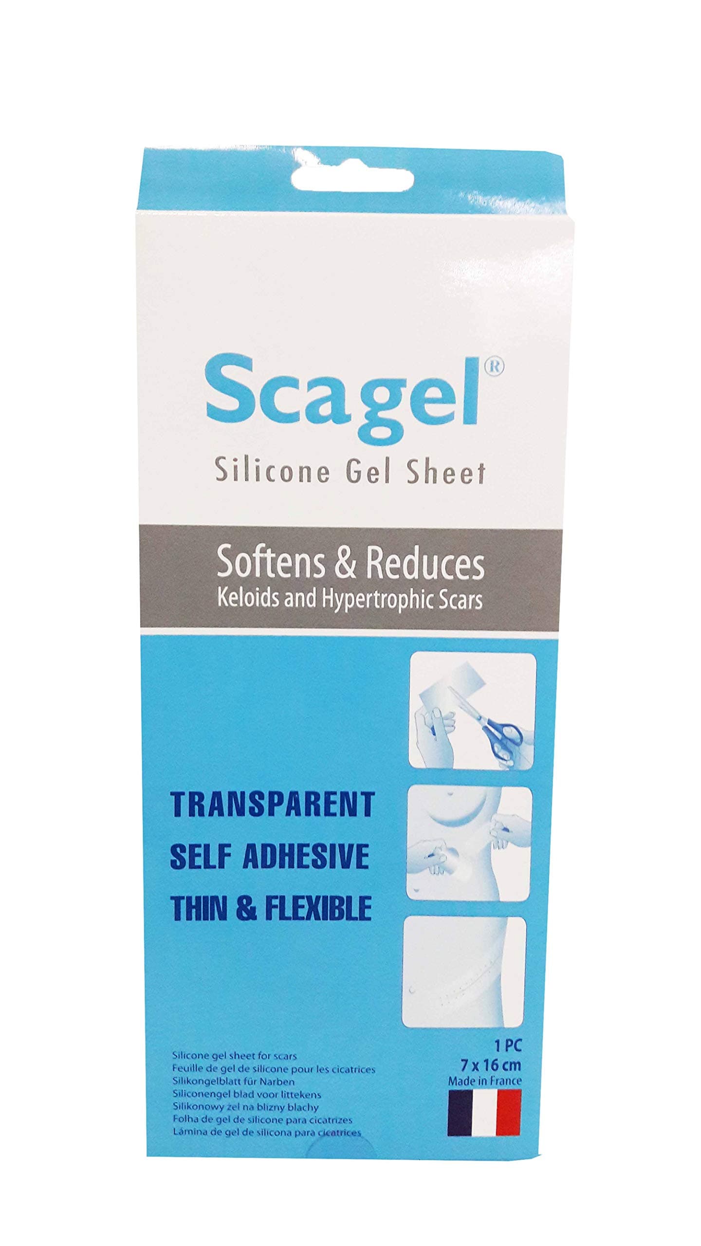 Silicone Gel Sheet. Softens & Reduces Keloids and Hypertrophic Scars. Tranparent Self Adhesive Thin & Flexible. (Size: 7cm X 16cm, 1 PC/Pack).