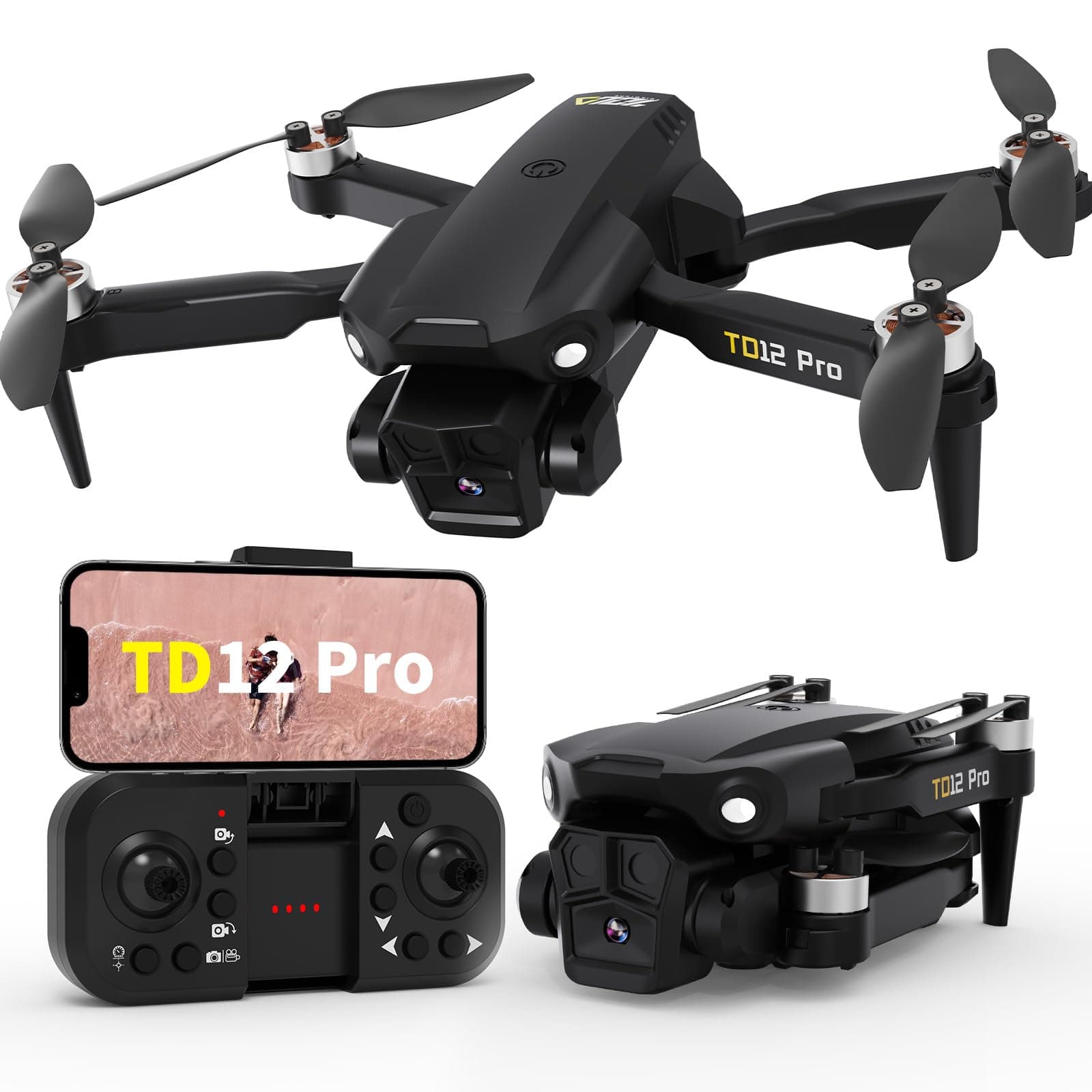Drone with Camera 4K, Drones for Adults Level 3 Wind Resistance Optical Flow Positioning Brushless Motor 90° Electrically Adjustable Foldable RC Quadcopter for Beginners, TD12Pro
