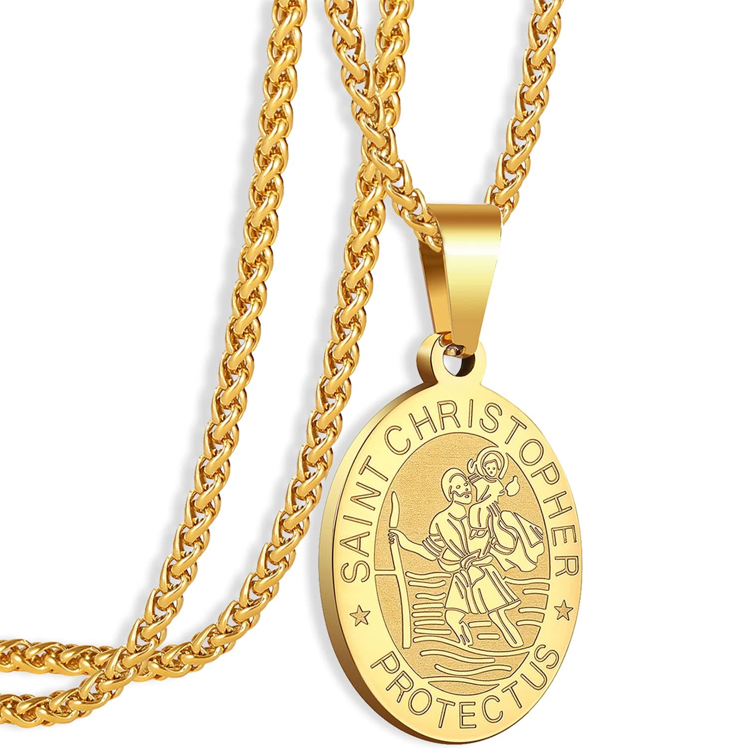 ApsvoApsvo Oval Saint Christopher/Michael/Joseph/Virgin Mary/Florian/Jude Pendant Medal Necklace, Catholic Stainless Steel Wheat Chain 24 Inches