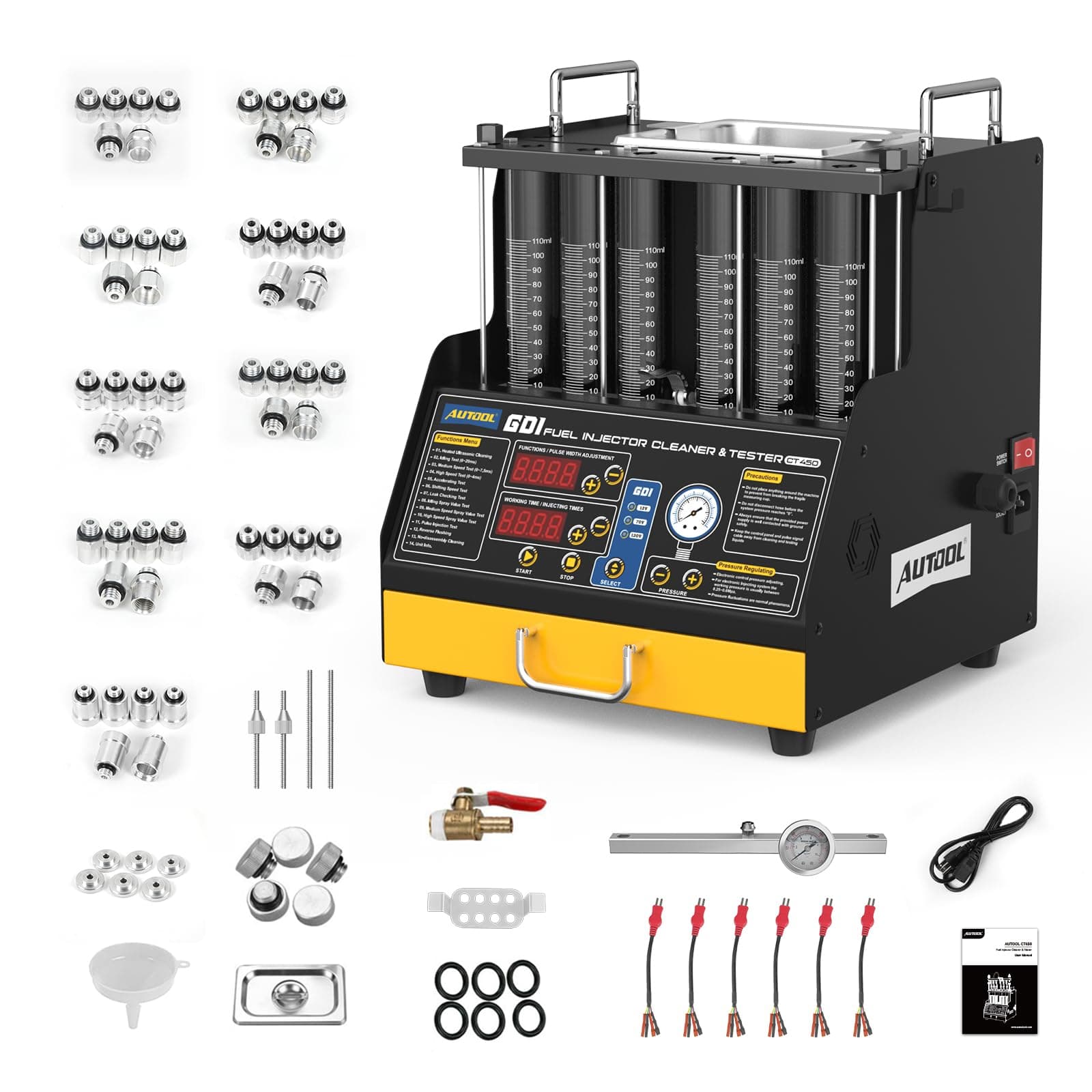 Fuel Injector Cleaner Tester Machine, Ultrasonic Fuel Injection Cleaner with Heating Function 6 Cylinder for GDI, EFI, FSI, 12V/70V/120V Options, Digital Display, 10 Test Modes