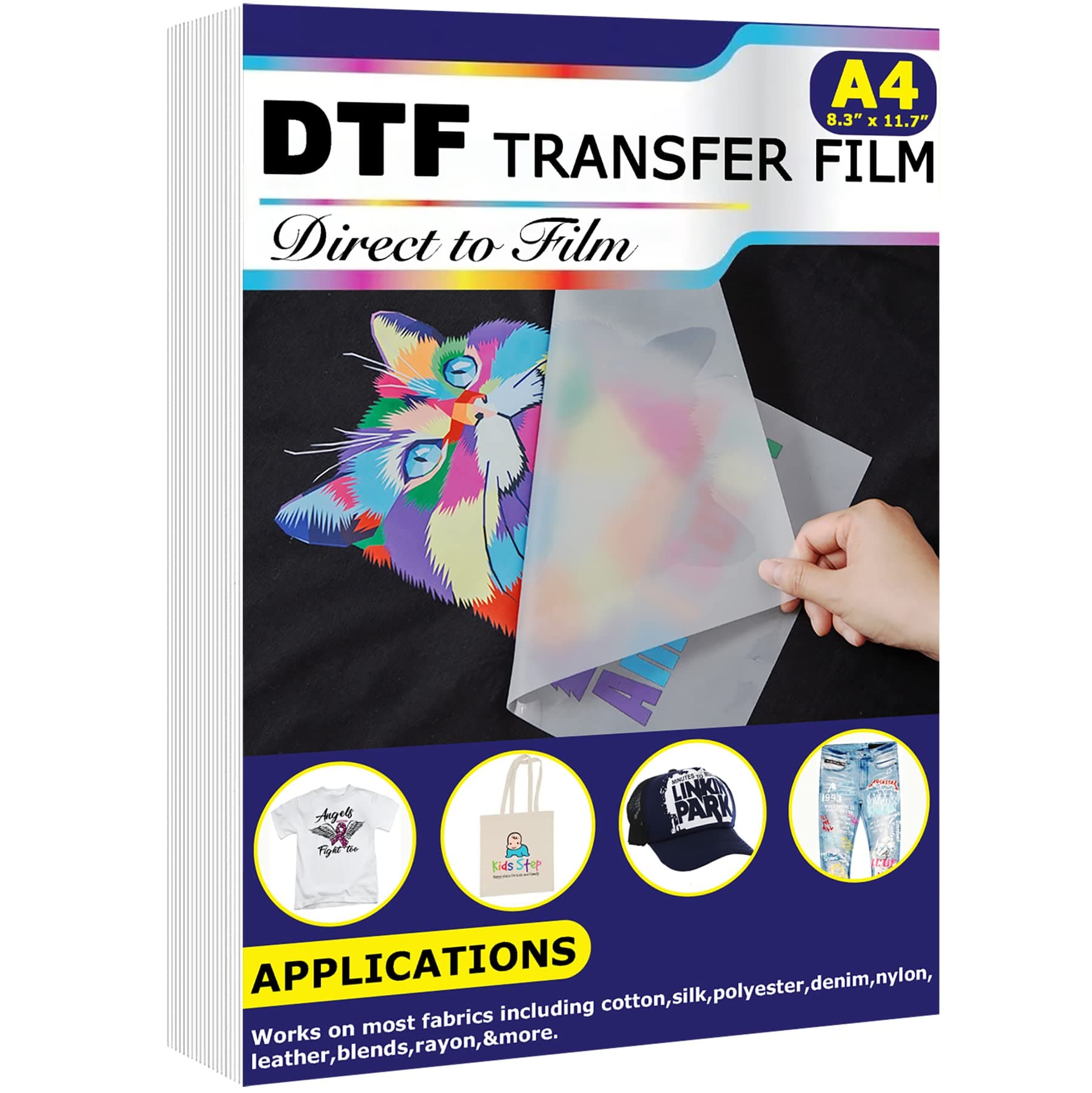 DTF Transfer Film A4(8.5" x 11") 50 Sheets PET Direct to Film Transfer Paper for T Shirts Matte Finish DTF Heat Transfer for Dark Fabric