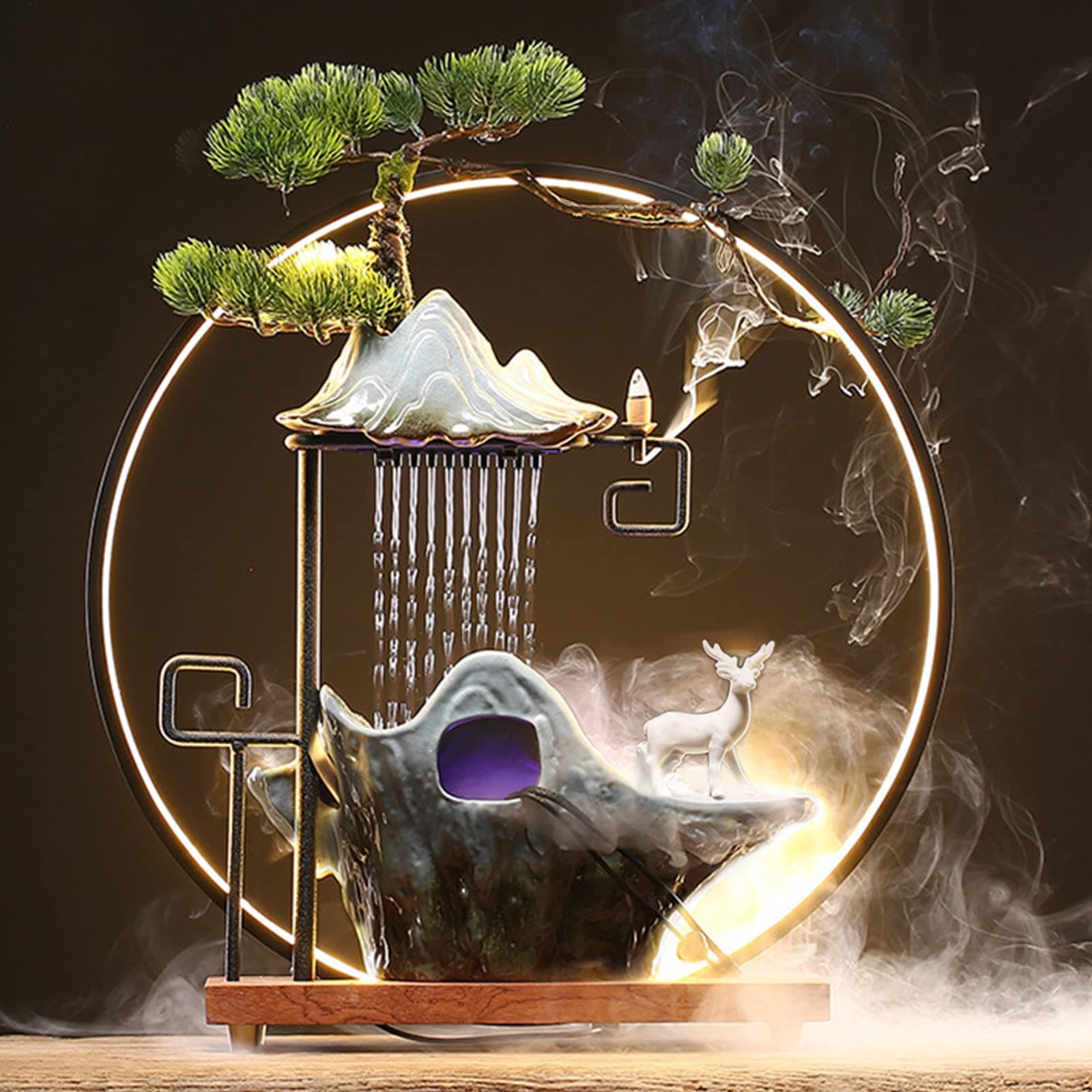 17In Water Fountains Indoor Tabletop Water Fall Humidifier with LED Light and Atomizer Mist, Zen Decor Meditation Japanese Decor Fake Plants Feng Shui Decor Festival Birthday Gift for Good Luck Wealth