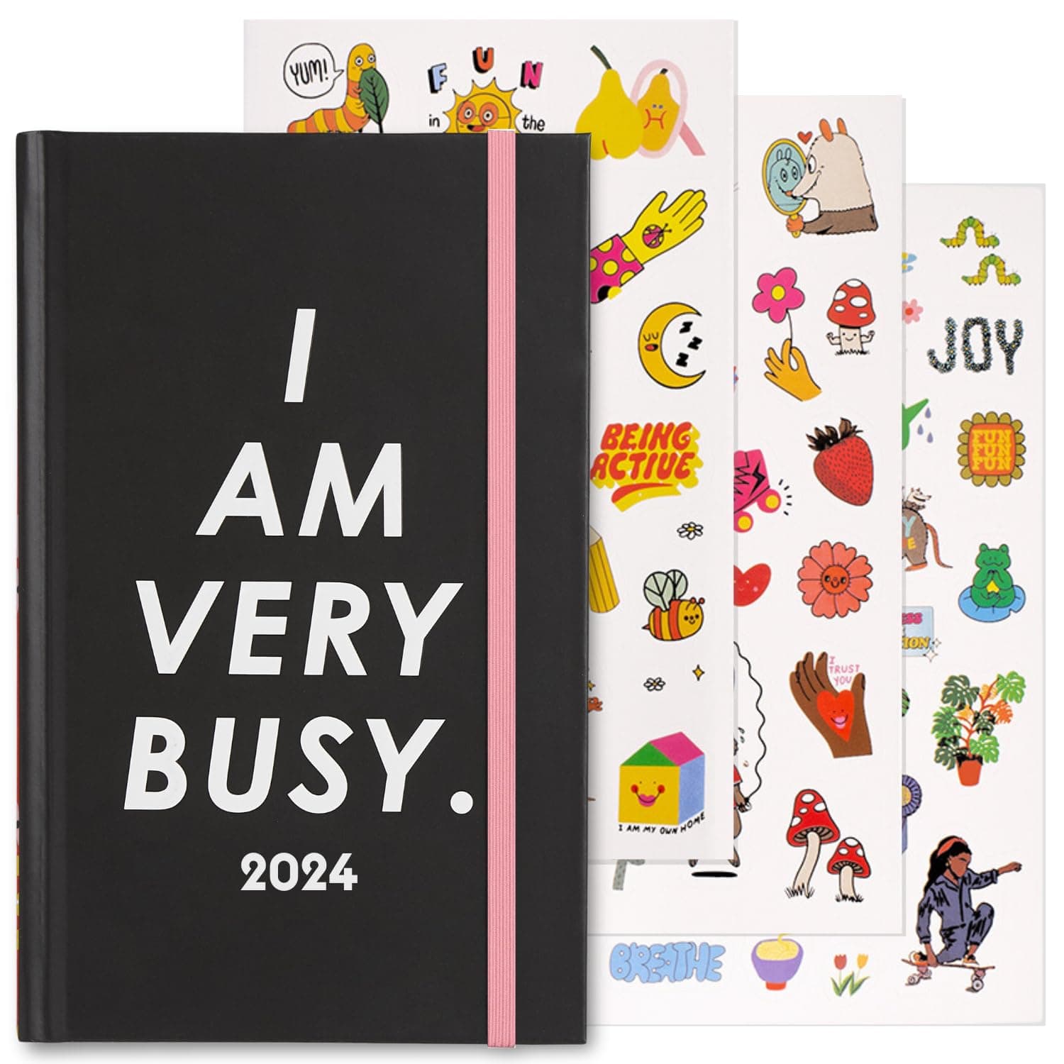 Daily Planner 2024, Classic Weekly Planner Dated January 2024 - December 2024, Self Care Journal, Hardcover Planner with Monthly Calendar, Stickers, & Pockets, I Am Very Busy (Black)