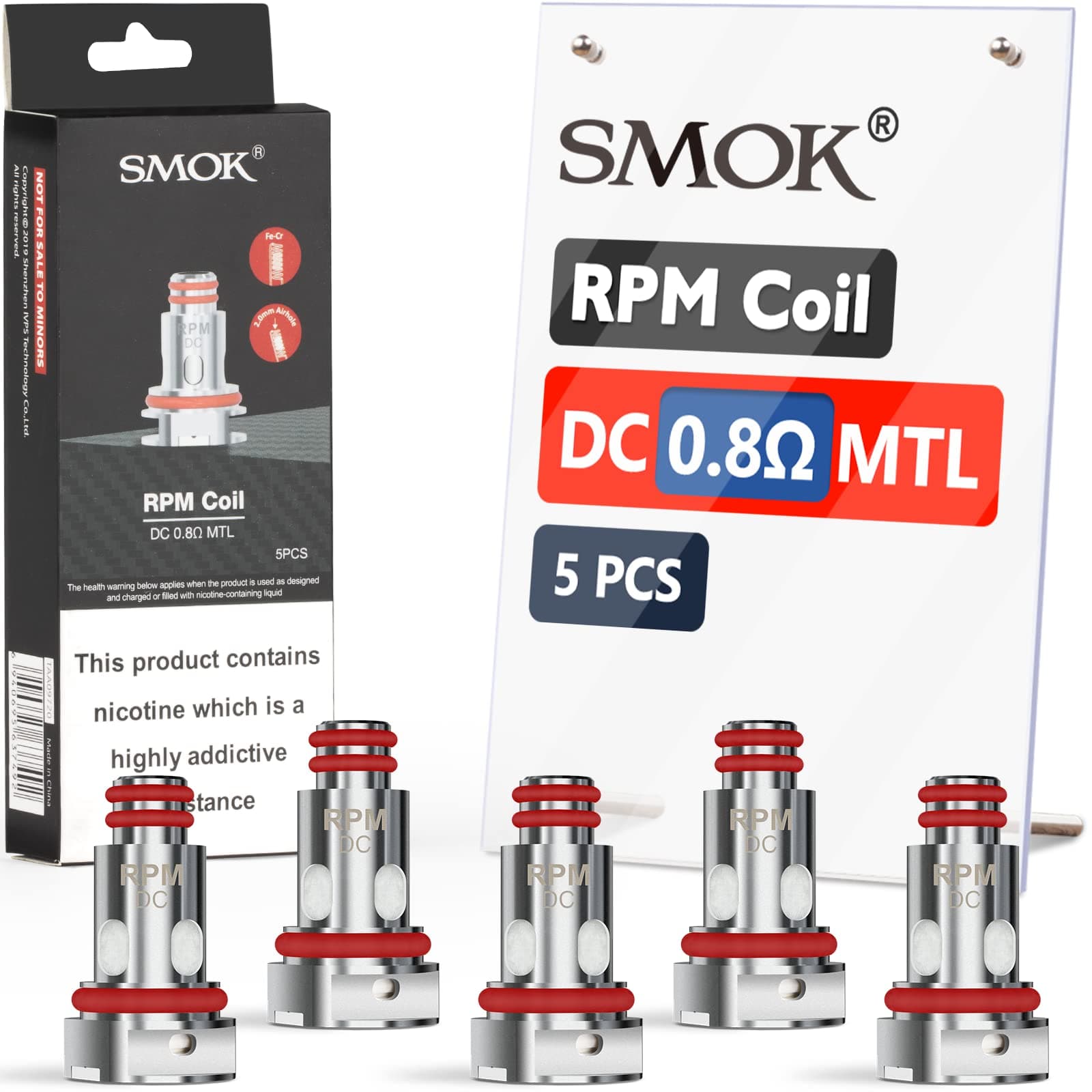 RPM Coil DC 0.8 ohm, RPM Pod Coilhead, 5pcs No Nicotine, 2ml Capacity, AMZ UK Edition with Exclusive Barcode