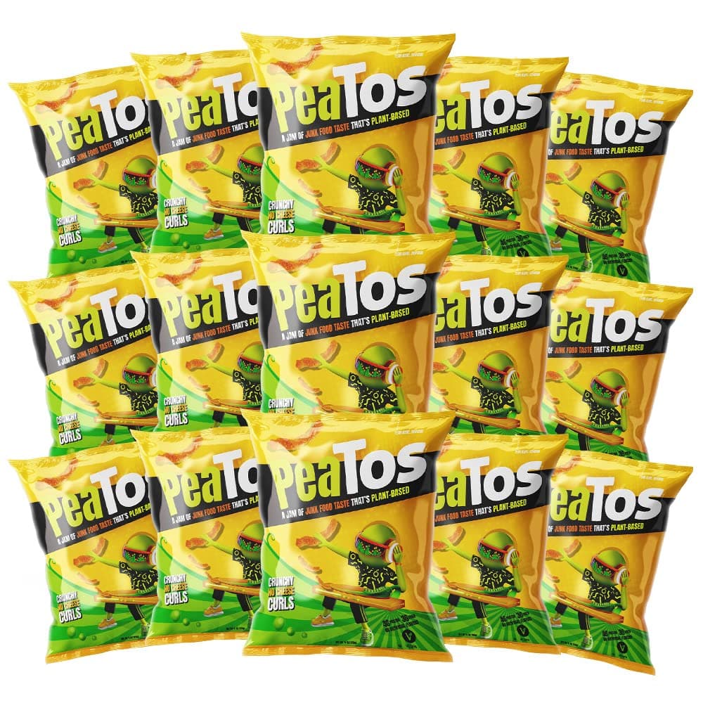 PeaTosCrunchy Curls, Healthy Low Calorie Vegan Gluten Free Snack, 4g Protein, 3g Fiber | Classic (Not) Cheese Bags, 1oz, 15ct Box Crunchy No Cheese Curls Snack Sized Bags, Pack of 15