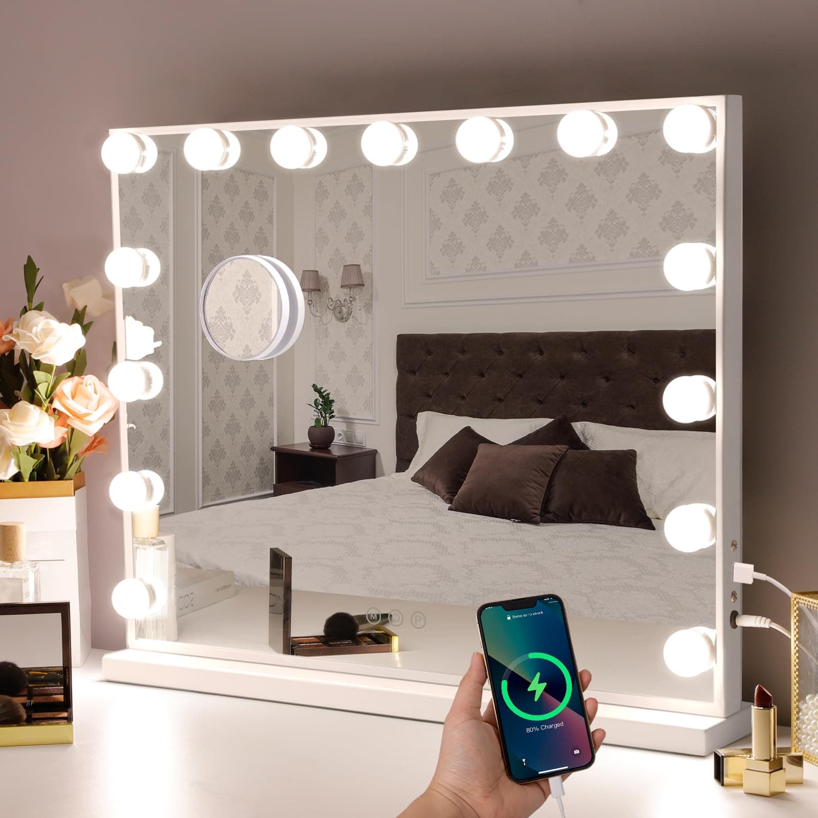 Hansong Vanity Mirror with Lights: Hollywood Lighted Makeup Mirror with 15 LED Bulbs, 22.8''x18'' Light Up Mirror with 3 Colors Modes for Desk, Large Mirrors with USB Charging Port for Bedroom, White