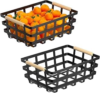 2 Pack X-Large Wire Metal Baskets Thick functional Storage Organizer Farmhouse fruit Bin with Wood Handles for Pantry Cabinets Rustic Kitchen Counter Closet Under Sink, Entryway- Black Upgraded
