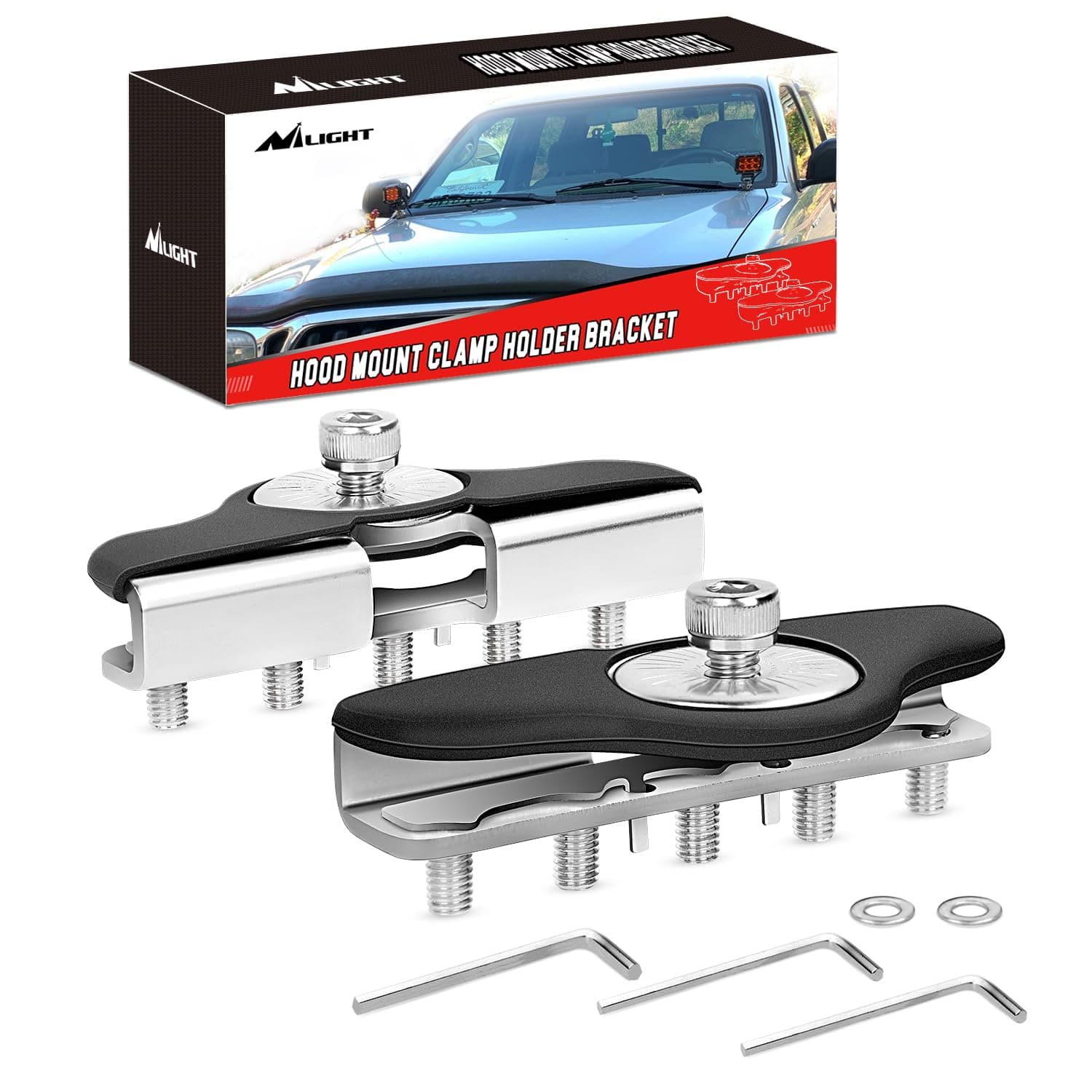 Nilight 90025B Led Light Bar Mounting Brackets 2Pcs Universal Hood Led Work Light Led Pods Mount Bracket Clamp Holder For Suv Truck Off Road Installed No Need Drilling, 2 Years Warranty