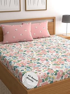 LOOMLYFE 300 TC Cotton Feel Glace Cotton Elastic Fitted Printed King Size Double Bed Bedsheet with 2 Pillow Covers Fits Upto 8 inches Mattress, Size- 72X78 Inches, Pinkflower