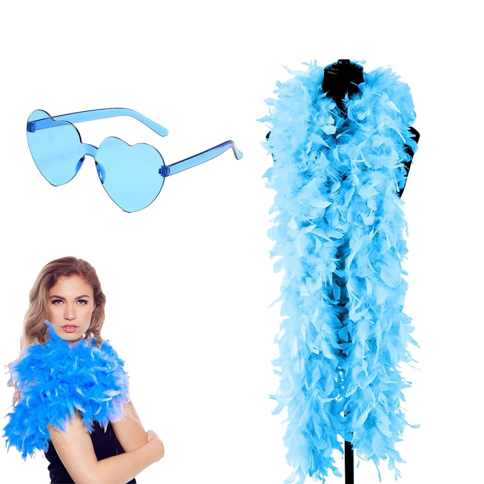 YREYBN Feather Boa, Blue Feather Boa And Blue Sunglasses, Feather Boa Blue(2 Meters), Feather Boas Multipack,Natural Feathers, Suitable For Dance Performances, Weddings, Carnival Celebrations(Blue)