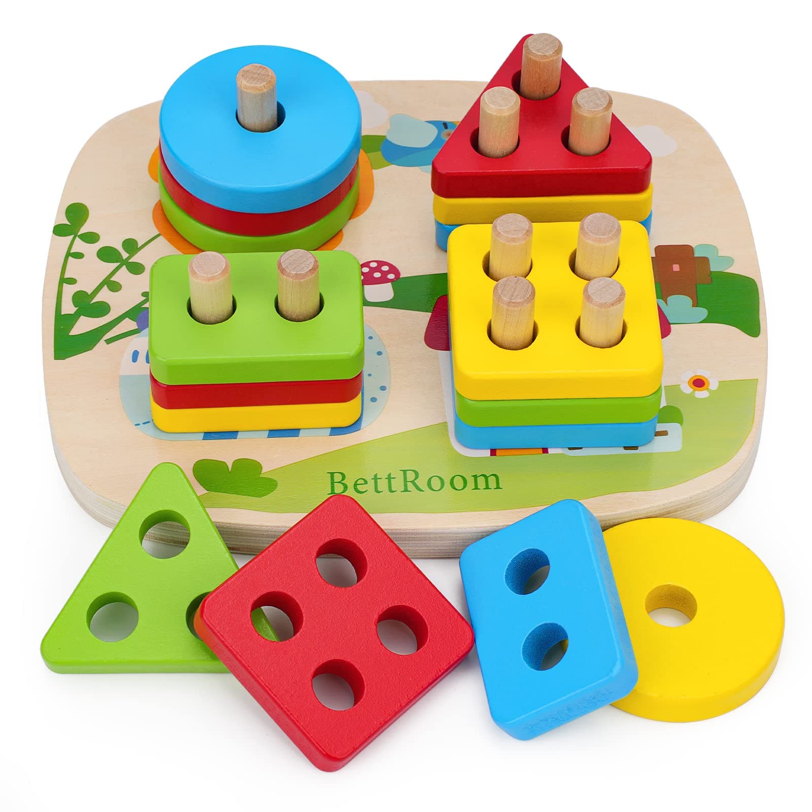 Toddler Toys 1 2 Year Old, Montessori Stacking Toys Colourful Wooden Sensory Toy Pre-school Learning Shape Sorter Judgment Geometry Building Blocks Stack Classification Puzzle