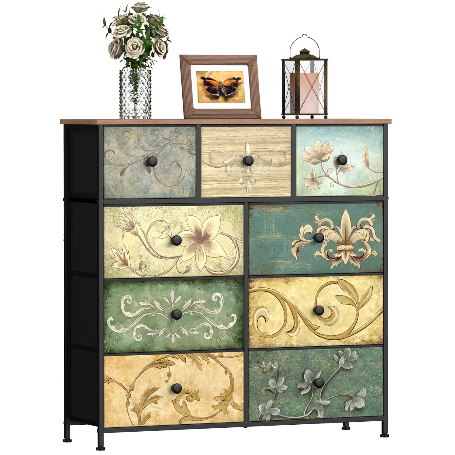 VEDECASA Dresser with Drawer for Bedroom with 9 Fabric Drawers Retro Floral Pattern Chest of Drawer Dresser for Living Room Nursery Entryway Closet Wood Board Metal Frame Brown