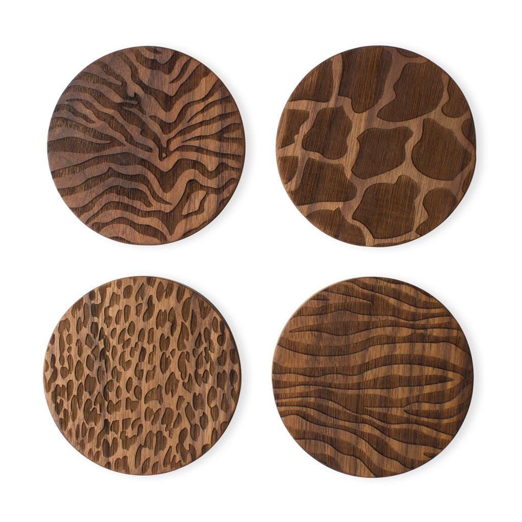 Animal Print Coaster Set, Engraved Wooden Set of 4 Round Coasters/Drinks Mat including Wild Leopard, Zebra, Giraffe and Tiger Print