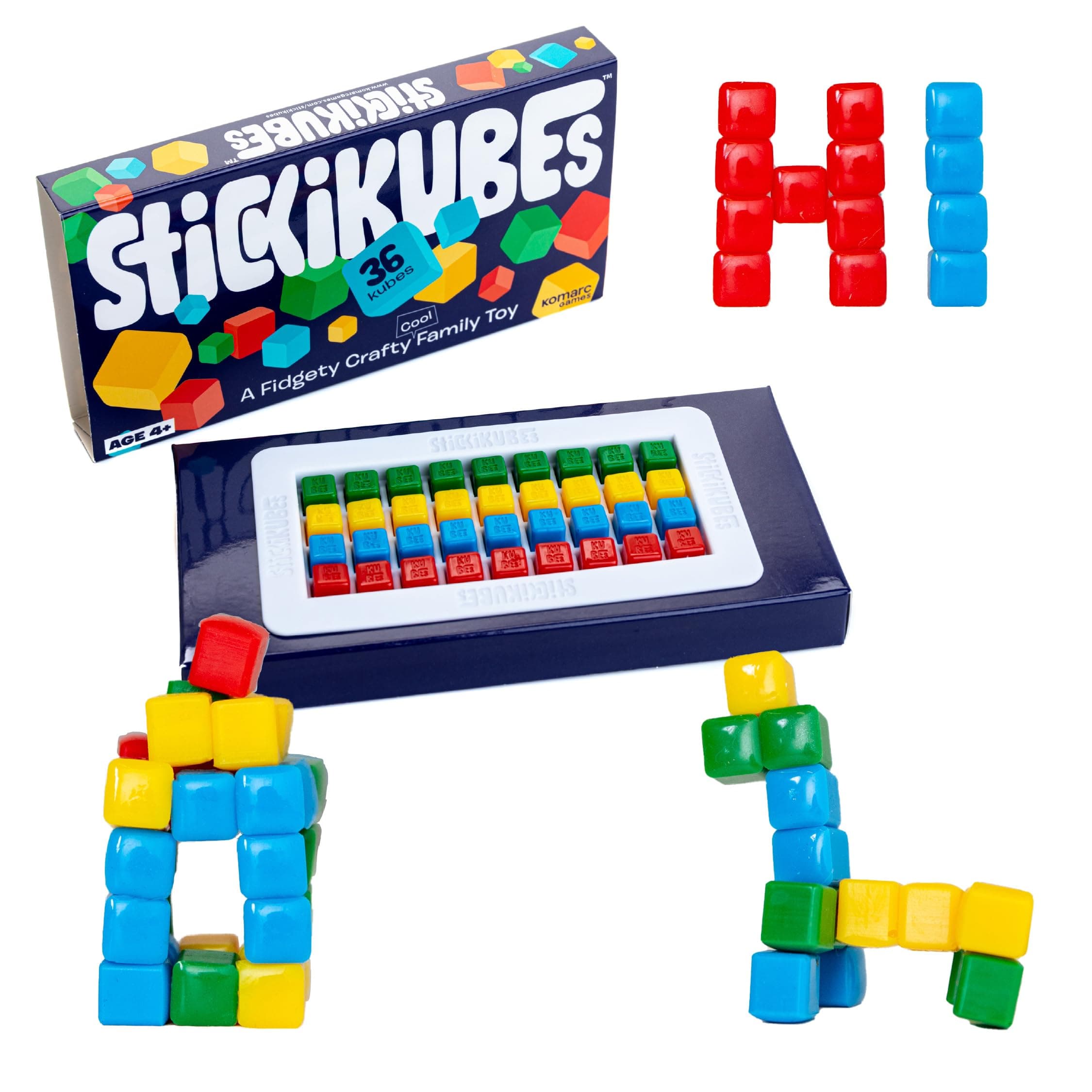 KOMARC GAMES StickiKubes StickiKubes StickiKubes Mini Cubes Non-Toxic Child Safe Sticky Blocks Creative Building Toys - 36 Cubes, 4 Colors, Display Easel