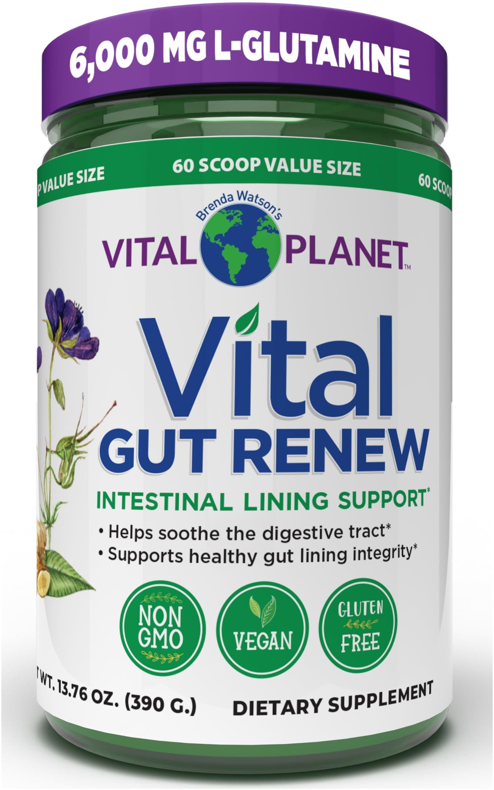 Vital Planet - Vital Gut Renew Powder Supplement for Leaky Gut Repair with L-Glutamine, Marshmallow and Ginger Root, DGL Licorice Root and Organic Aloe Vera, L Glutamine 6000mg 13.76 oz