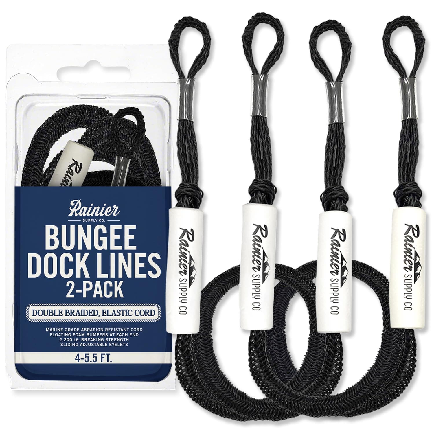 RainierSupplyCo Bungee Dock Line - 2 Pack Boat Dock Lines - 4-5.5ft, 5-7ft or 6-9ft Boating Ropes for Docking with Loop - Mooring Docklines and Boat Accessories for Pontoon, Jet Ski, Kayak, PWC