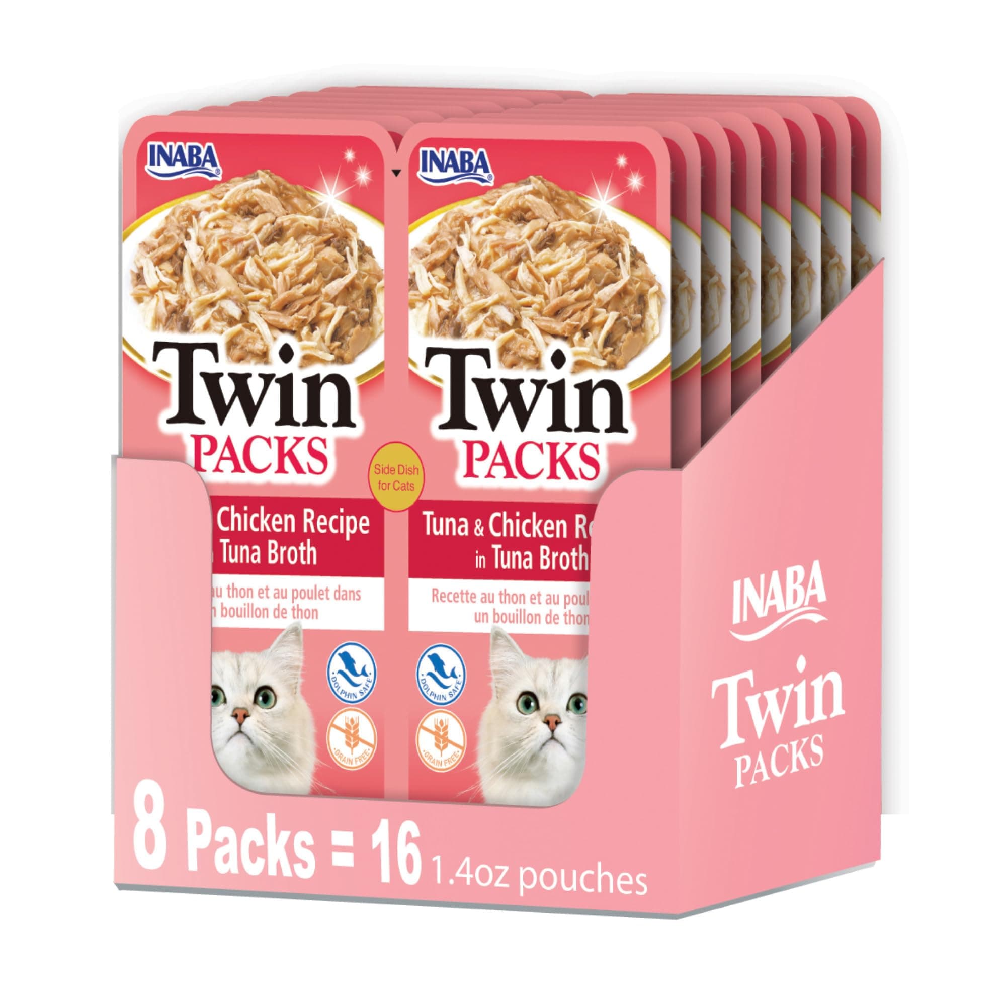 INABA Twin Packs for Cats, Side Dish/Topper Pouch, 1.4 Ounces per Serving, 16 Servings, Tuna & Chicken Recipe in Tuna Broth