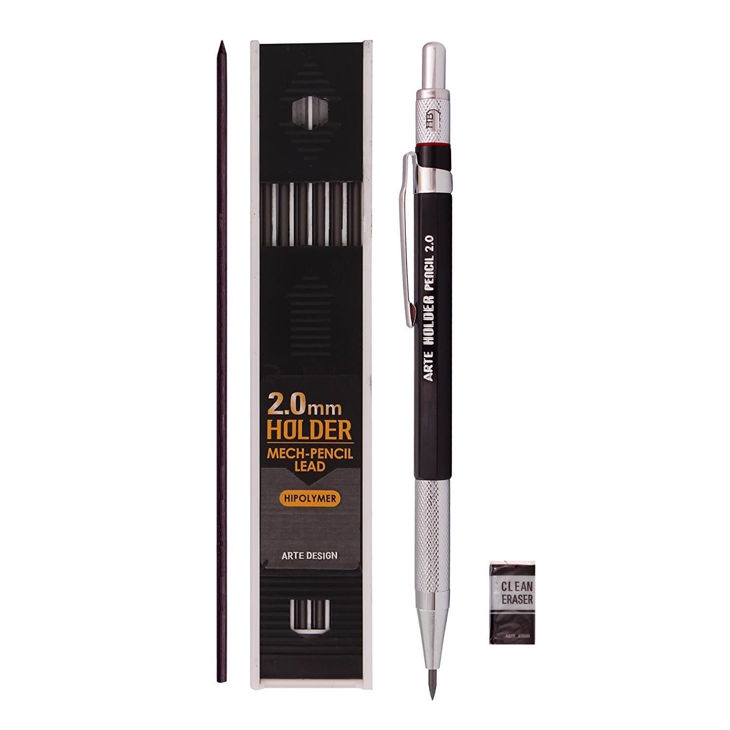 2.0mm Lead Holder Pen Mechanical Pencil for Draft Drawing, Art Sketching Carpenter +(Lead 1 Pack,Eraser) (Black Body)
