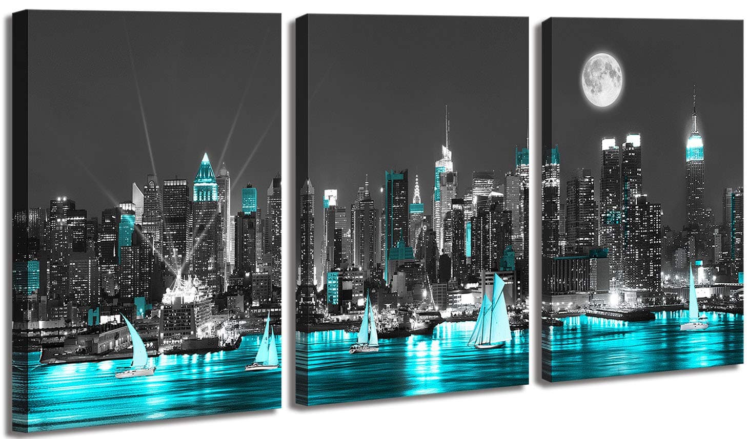 Yang Hong Yu Wall Art New York City Night Scenes Decor Black and Blue Canvas Print Modern Cityscape Artwork Picture Painting for Bedroom Home Office Living Room 12"x16"x3 Panels