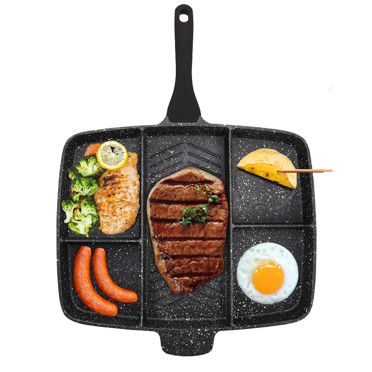 5 Section Nonstick Divided Pan, Ejoyway Meal Skillet Fast Cook 5-in-1 Breakfast&Dinner Pan for Steak Fish Entrees Vegetables and Side Dishes(5 Section Pan)