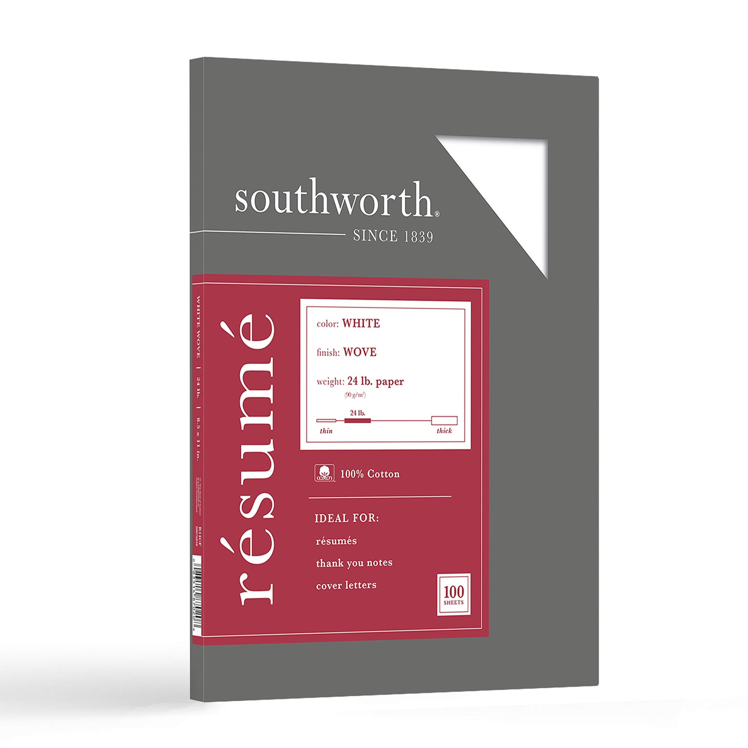 Southworth 100% Cotton Resume Paper, 8.5” x 11", 24 lb/90 gsm, Wove Finish, White, 100 Sheets - Packaging May Vary (R14CF) (SOUR14CF)