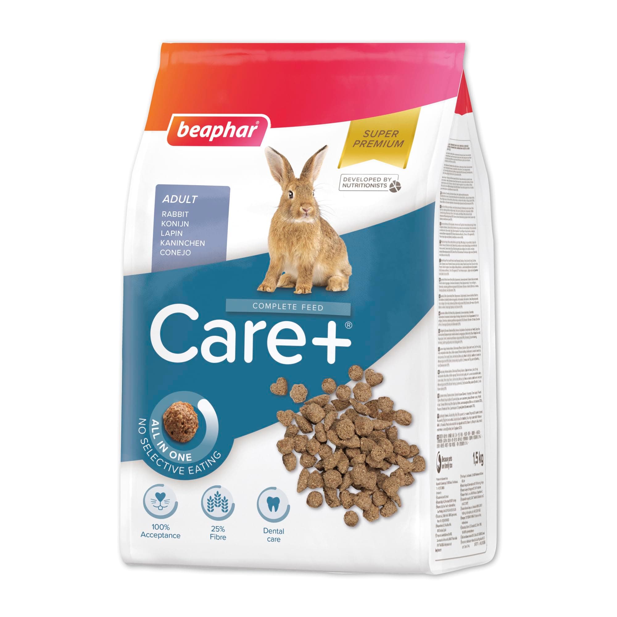 Beaphar - Care+® Rabbit Food 1.5kg - All-in-one super-premium rabbit food Prevents selective feeding High fibre & prebiotics to support digestion - No added sugar/colours - From 10 months to 6 years