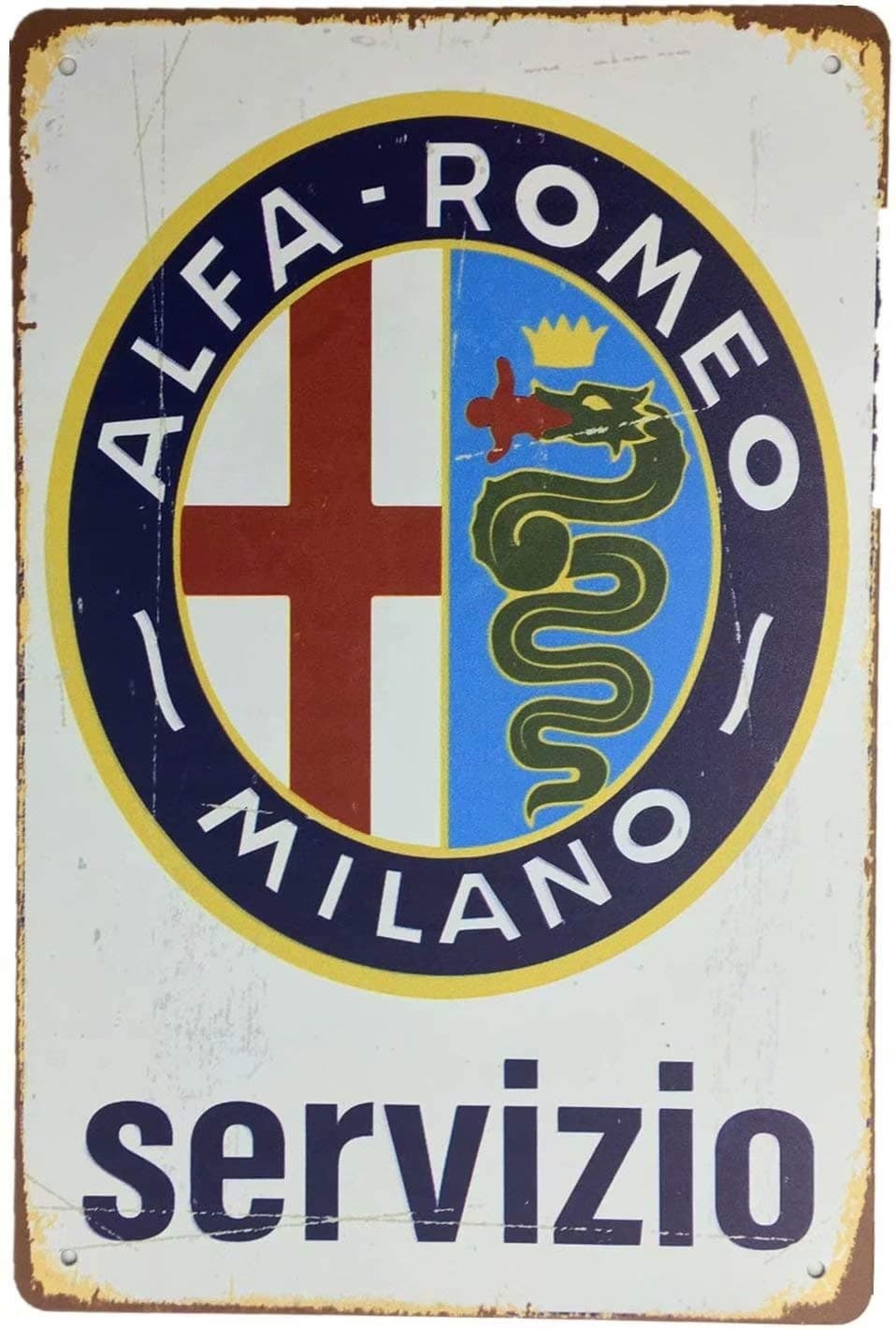 Alfa Romeo Tin Logo Metal Decoration - Oh Servizio Poster Retro Bar Cafe Restaurant Kitchen Garage Man Cave Club Gift - 8x12 Inches