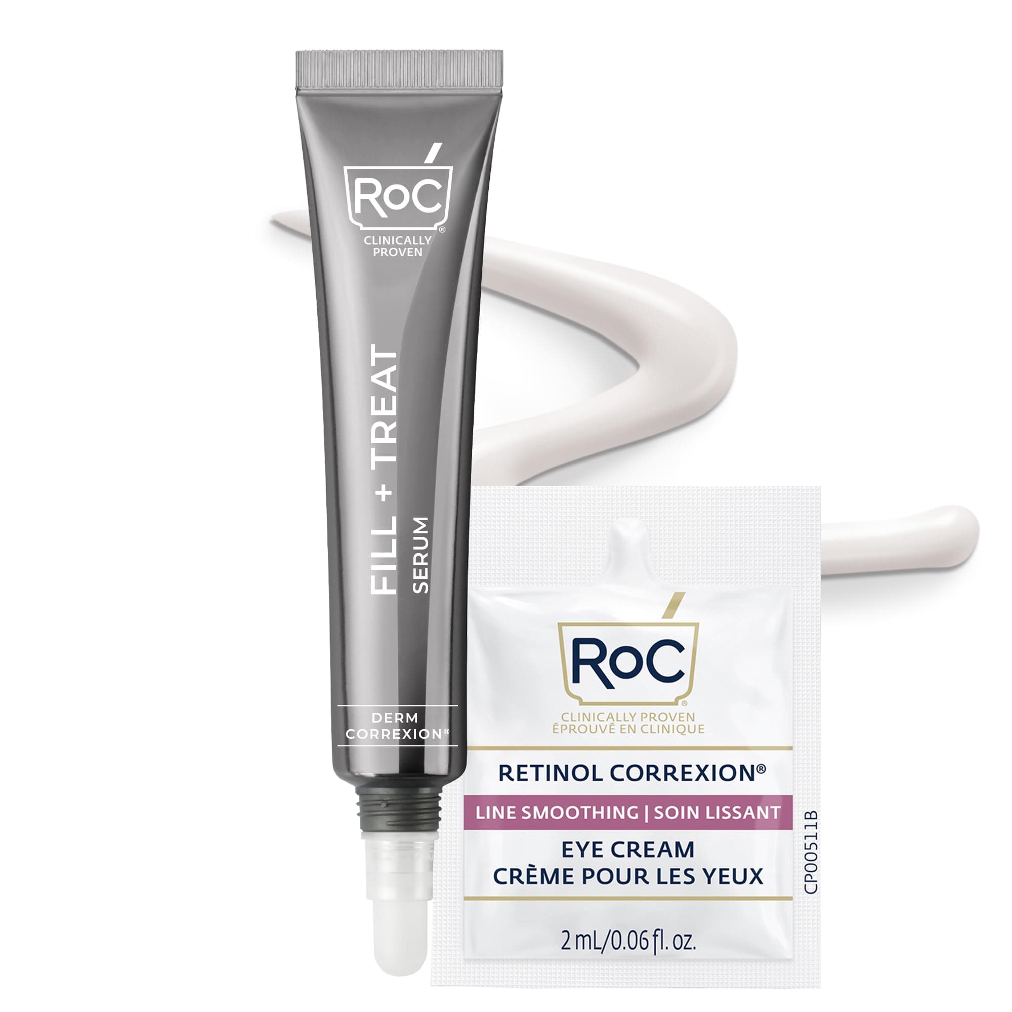 RoC Derm Correxion Fill + Treat Advanced Retinol Serum, Hyaluronic Acid Wrinkle Filler Treatment for Crow's Feet, 11 Wrinkles, & Laugh Lines, Stocking Stuffer, (.5 fl oz) with Retinol Packette