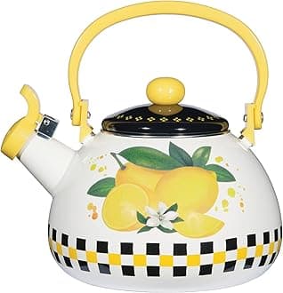 Whistling Tea Kettle for Stove Top Enamel on Steel Teakettle, Supreme Housewares Lemon and Checkered Pattern Teapot Water Kettle Cute Kitchen Accessories Teteras (2 Quart, Lemon)