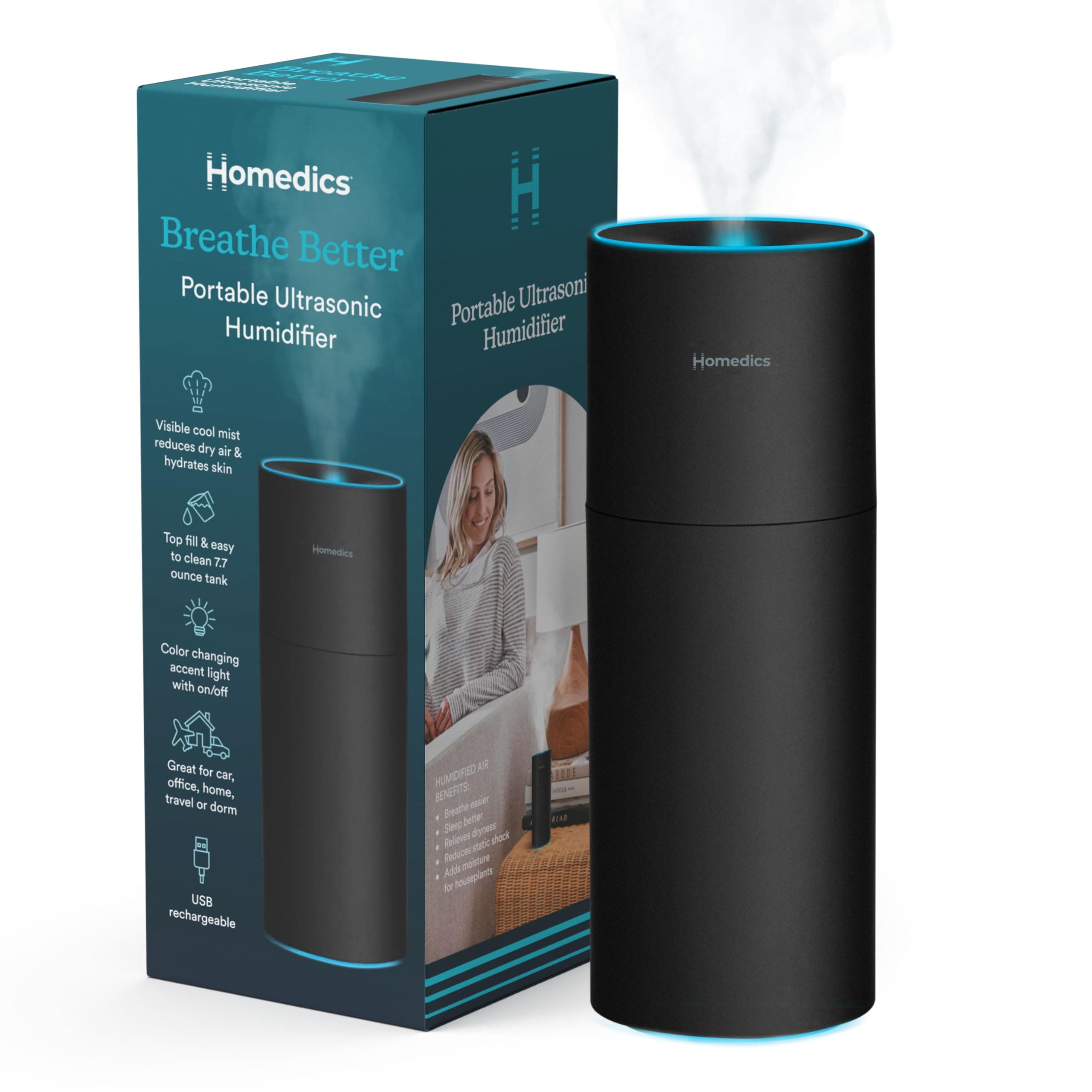 Homedics Portable Humidifier - Small Air Humidifiers for Bedroom, Plants, Office, Travel - Cool Mist Humidifiers, Color-Changing Accent Light, 2 Mist Settings, Black