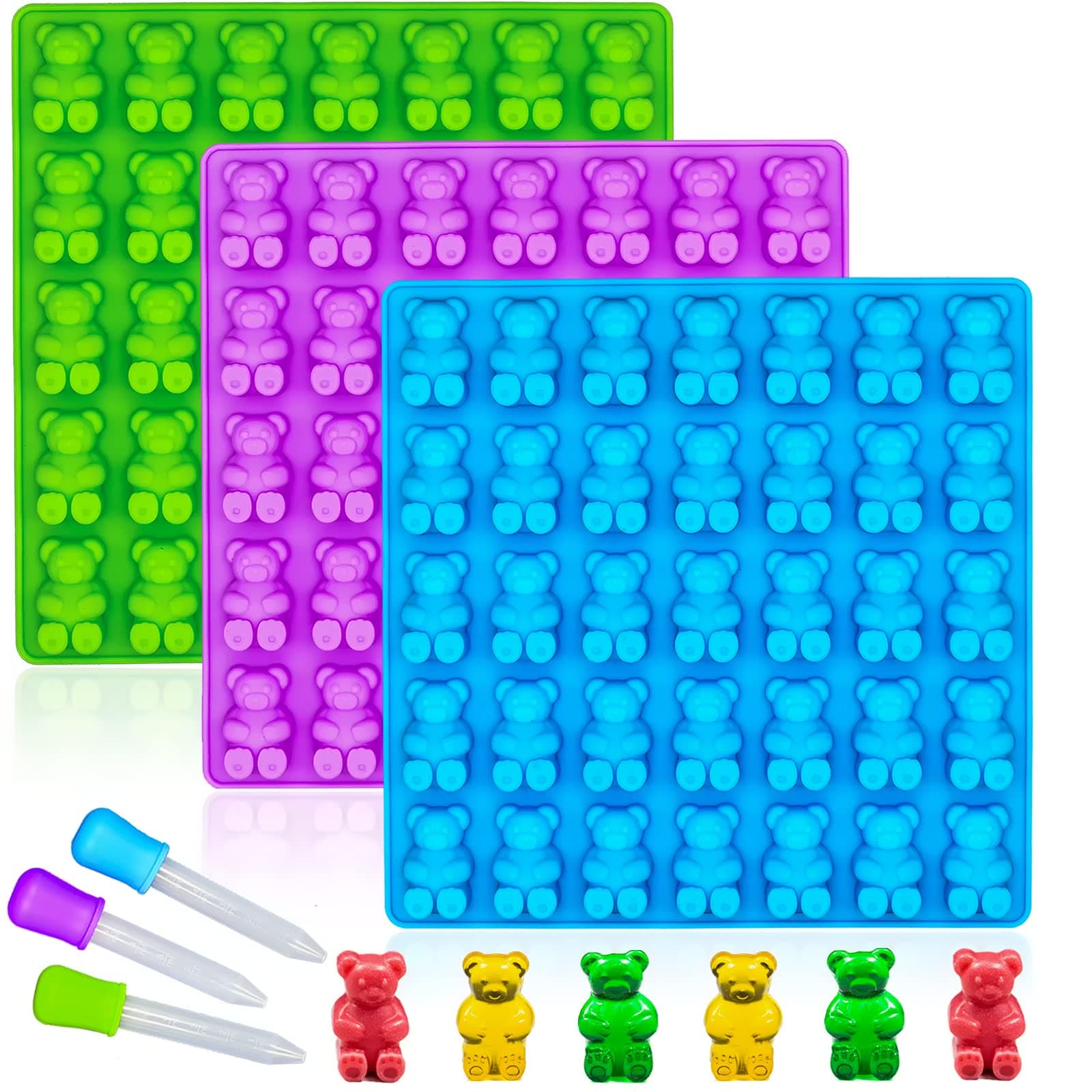 Large Gummy Bear Mold 4 ML, Non-Stick Silicone Candy Chocolate Molds Ice Cube Moulds BPA-Free with 3 Droppers, Set of 3