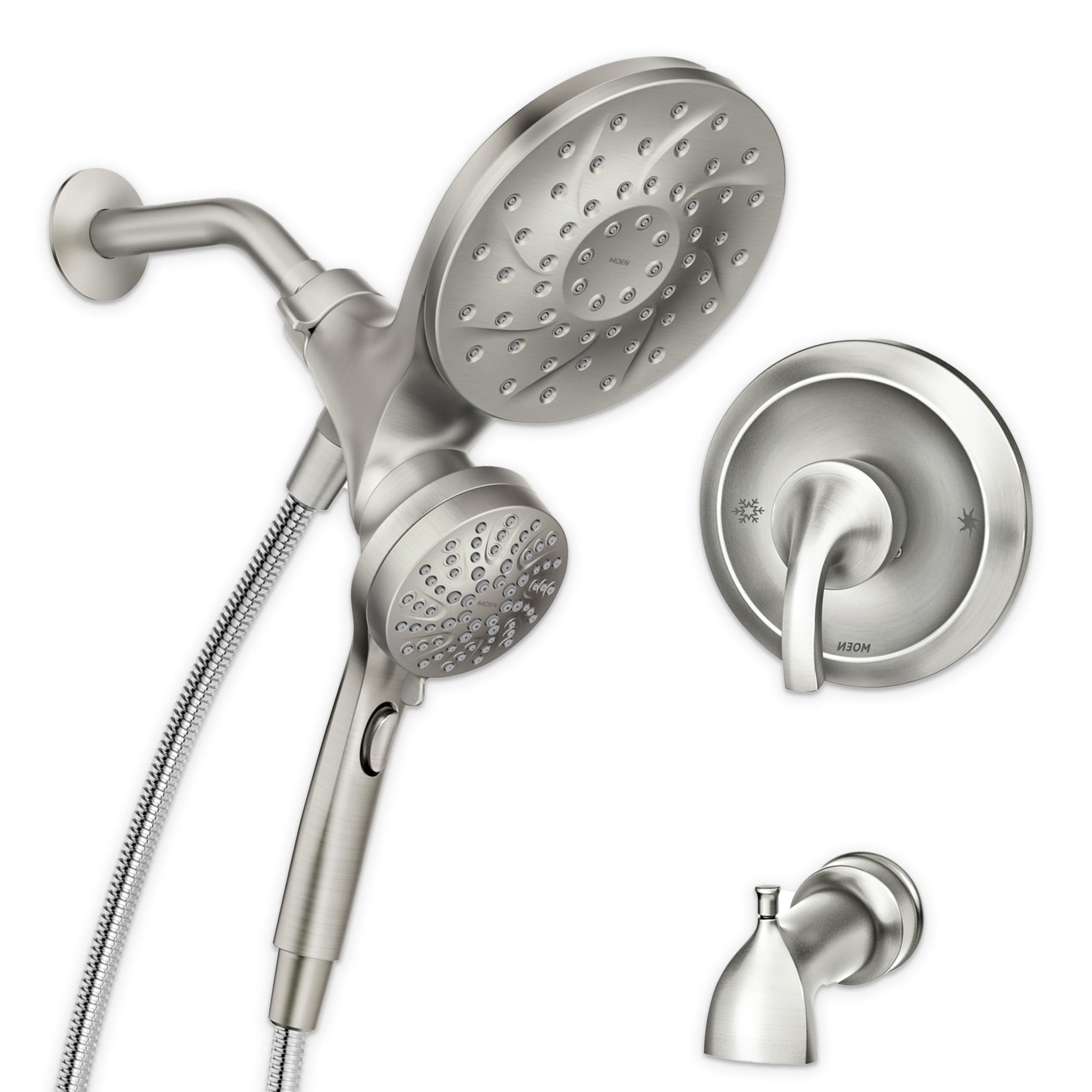 Engage Magnetix Spot Resist Brushed Nickel Multi-Function Handshower and Rainfall Shower Head Trim Combo with Shower Handle, Tub Spout, Metal Hose and Valve, 82304SRN