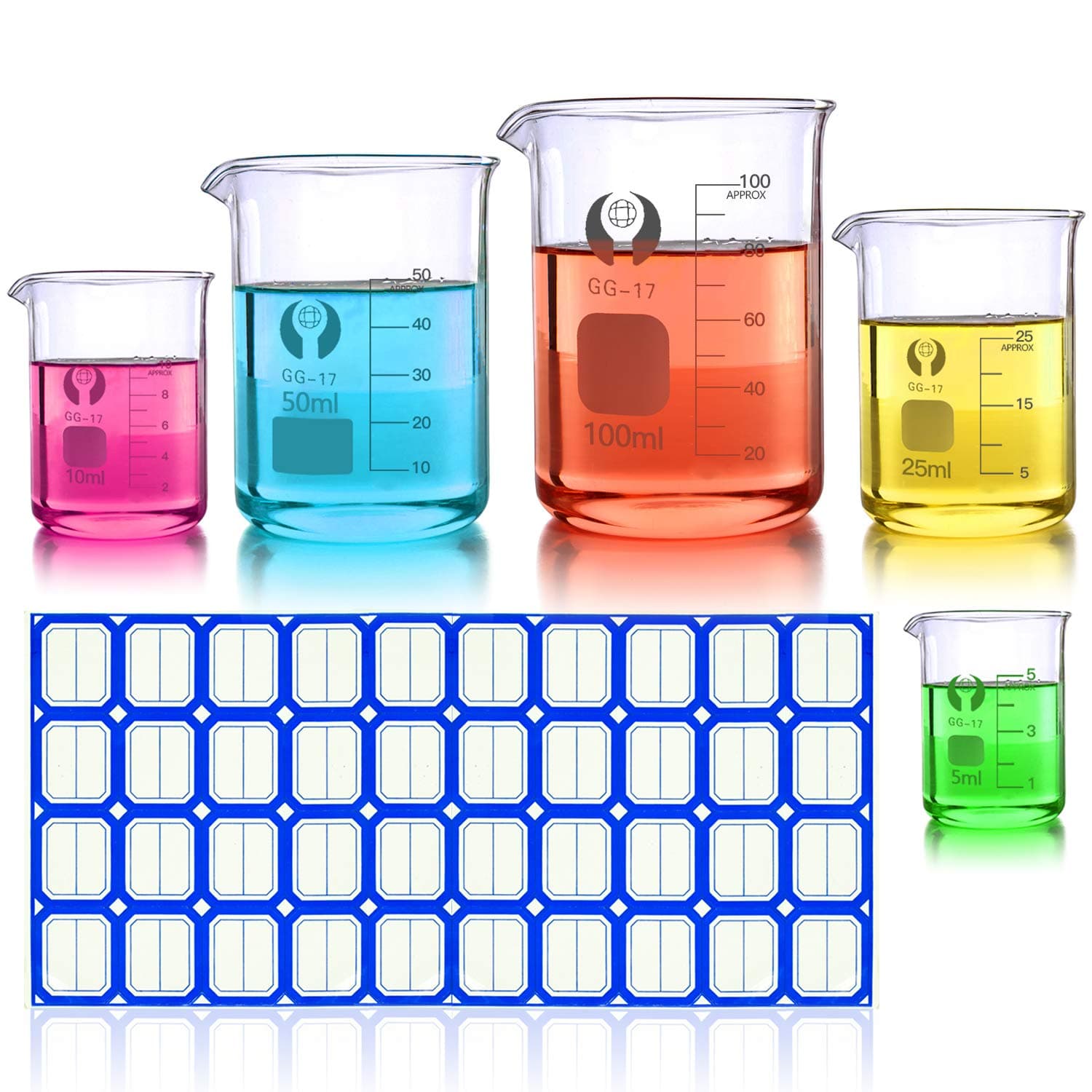 Wandefol Pack of 5 Transparent Glass Graduated Beaker, Small Model Glass Beaker 5ml/10ml/25ml/50ml/100ml with Labels Stickers Experiment, DIY Cosmetics