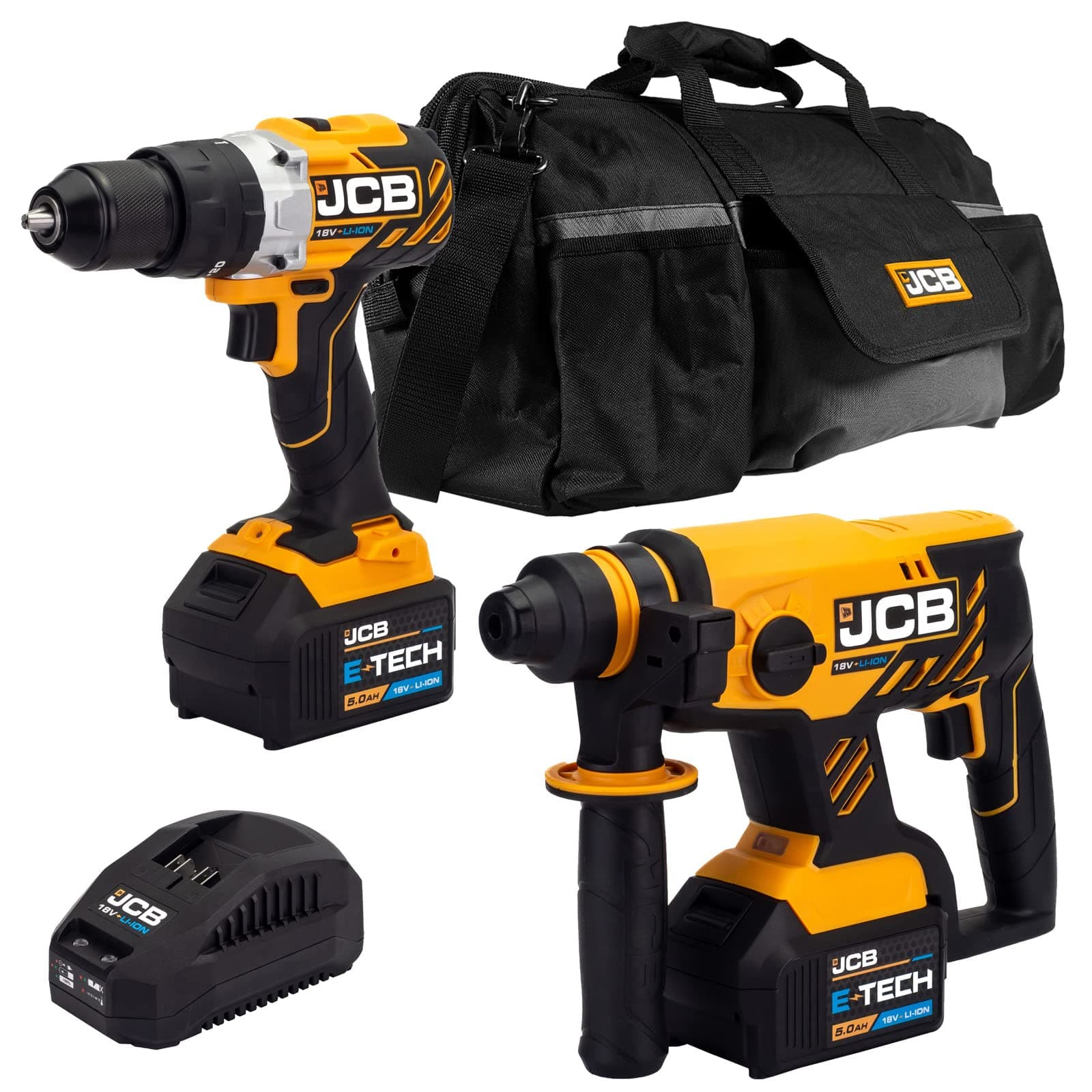 JCB18V Brushless Cordless Combi Drill & SDS Rotary Hammer Drill, 2X 5.0Ah Battery, 20" Power Tool Kit Bag, 3 Year Warranty