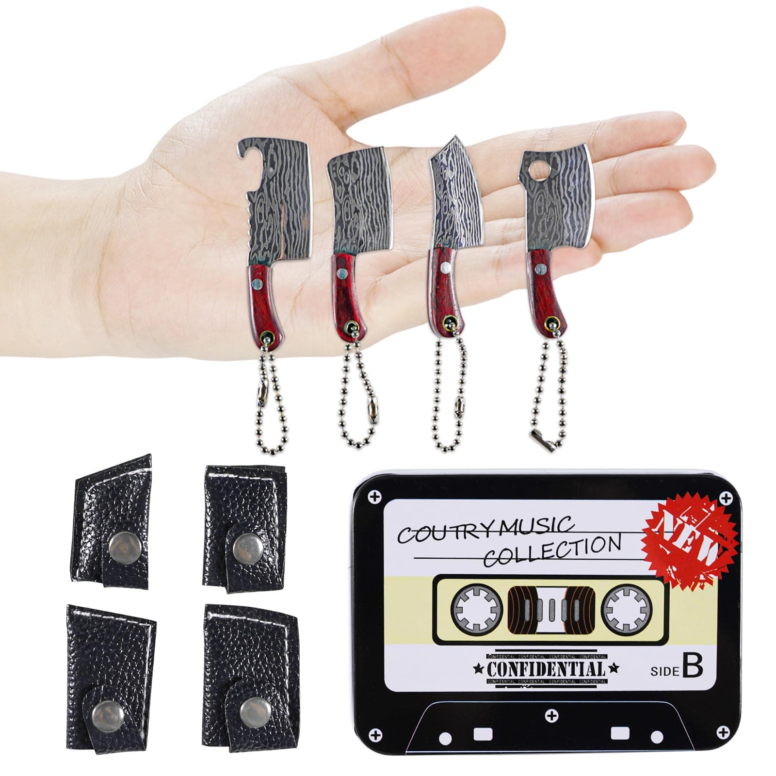 NAESM 4 Pcs Mini Knife Set, EDC Knife Set, Tiny Damascus Chef Knives Keychains, Sharp Tool Used for Decoration Buckle and Express Cutting