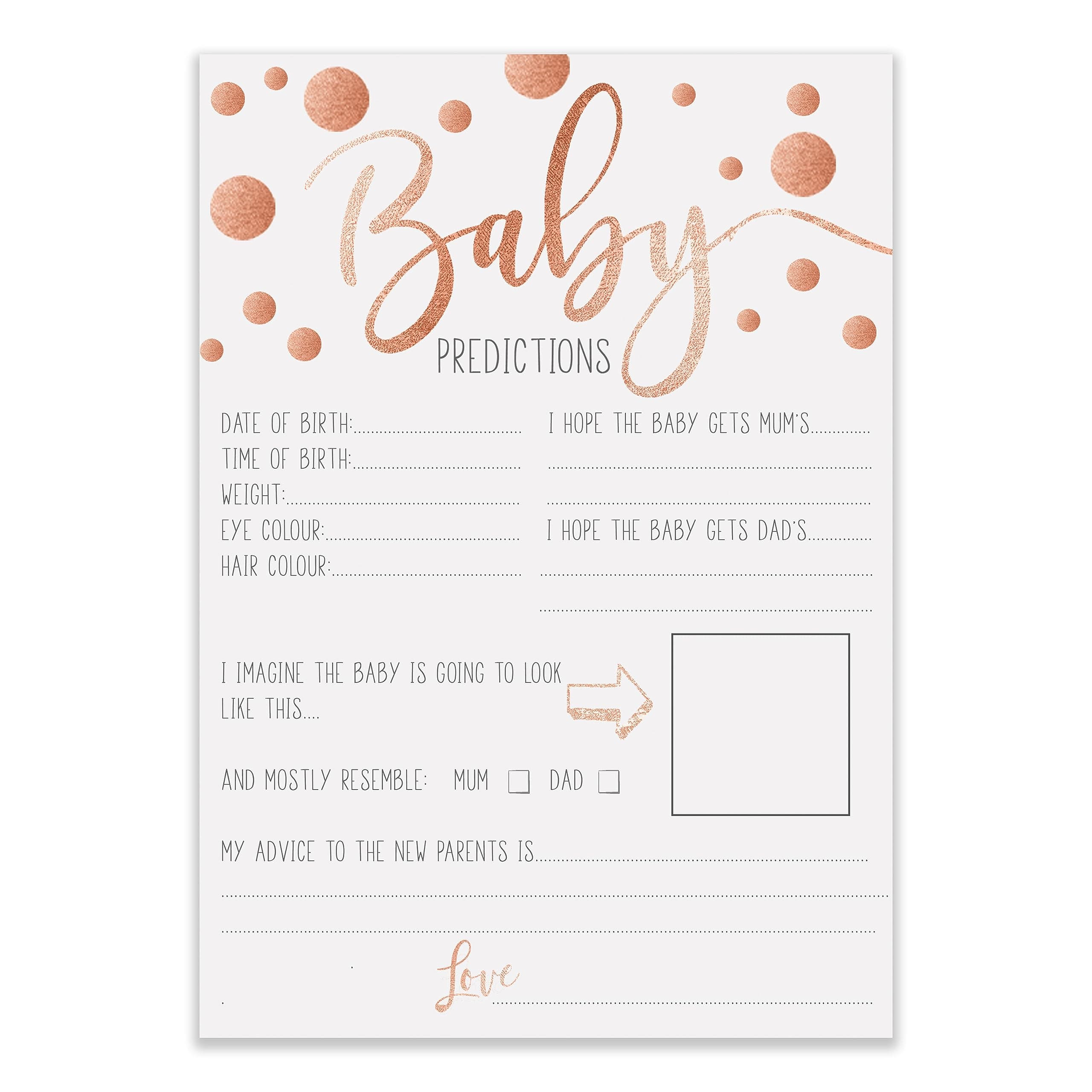 Baby Shower Prediction/Advice Cards x10 A5 Polka Dot *** Printed Rose Gold Effect ***