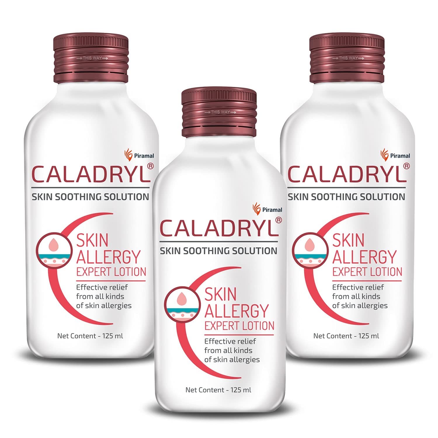 Caladryl Skin Allergy Expert Lotion for relief from skin rashes, sunburn, prickly heat, insect bites - Pack of 3 (3 x 125 ml), White