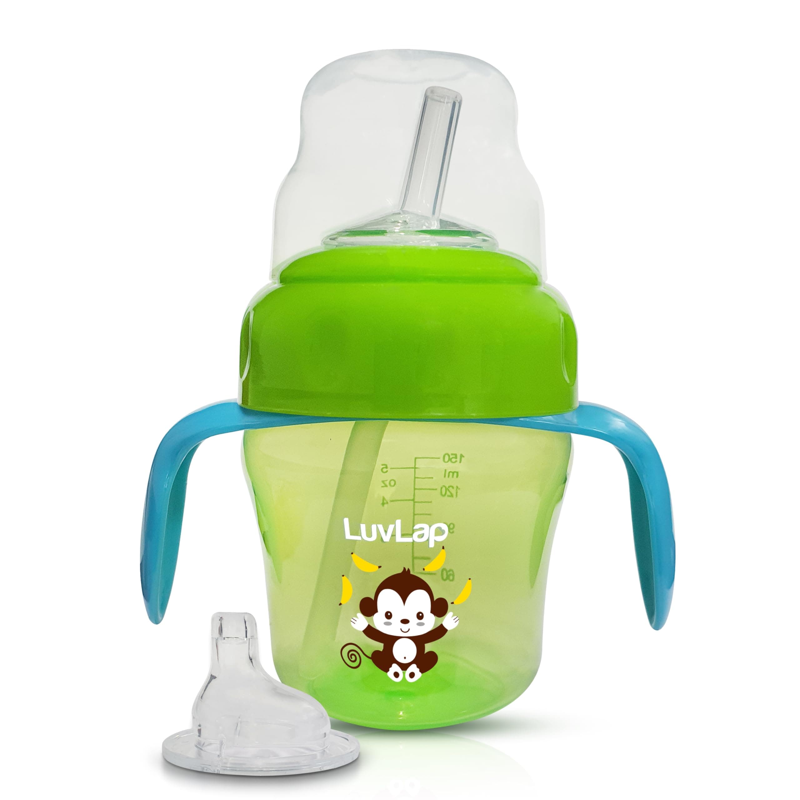 Luv Lap Banana Time 150ml Anti Spill, Interchangeable Sipper/Sippy Cup with Soft Silicone Spout and Straw BPA Free, 6m+ (Green)