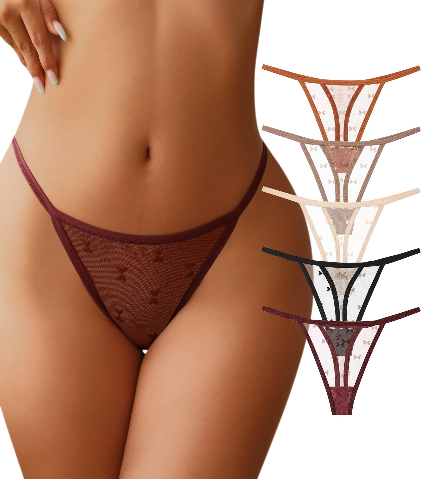 G-String Thongs for Women T-back Lace Hollow Out Low Waist Thongs Breathable Cheeky Sexy Underwear Panties 5Pack