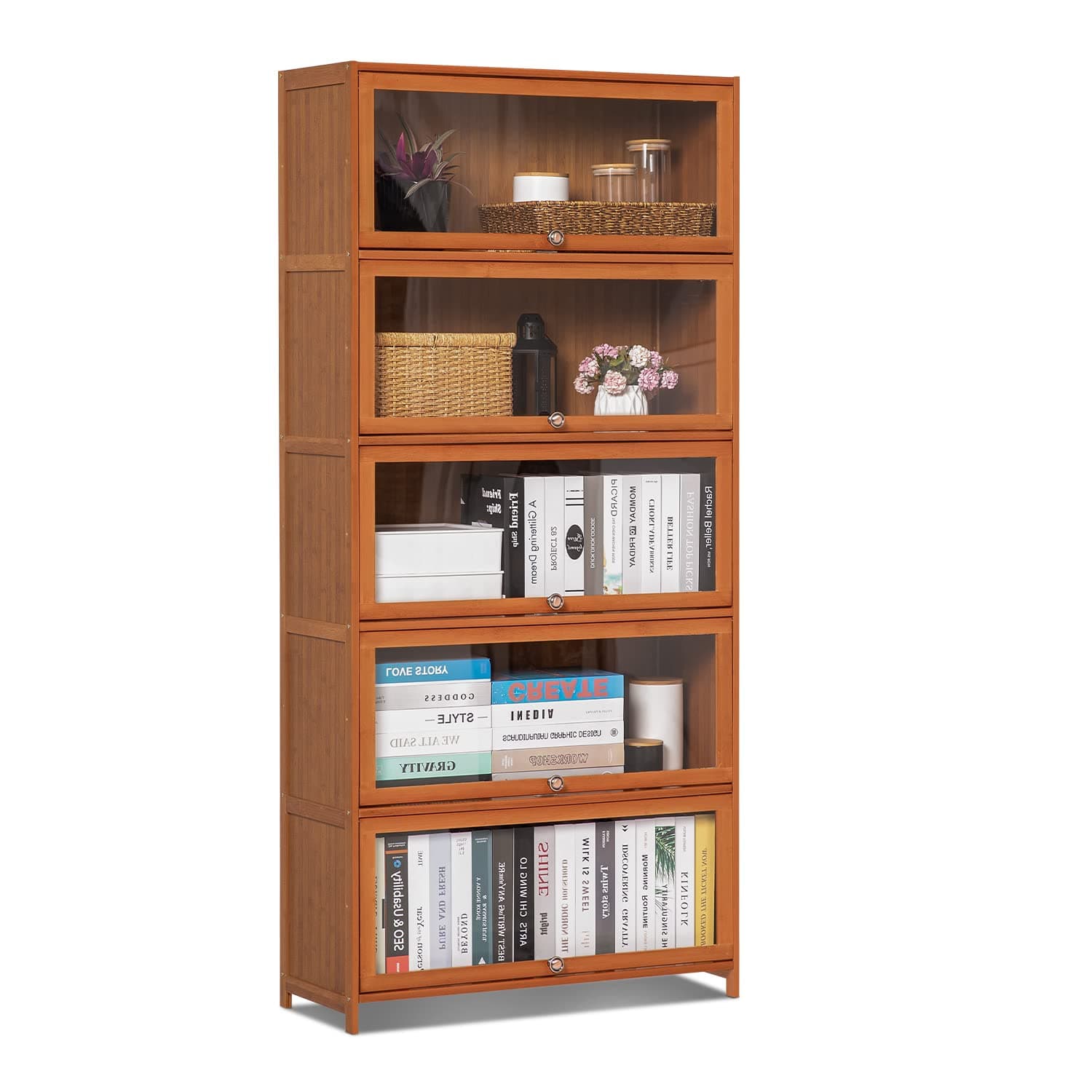MoNiBloom Bamboo Bookcase with Acrylic Doors 5 Tier Free Standing Book Shelf Storage Organizer for Living Room Office Bedroom, Brown