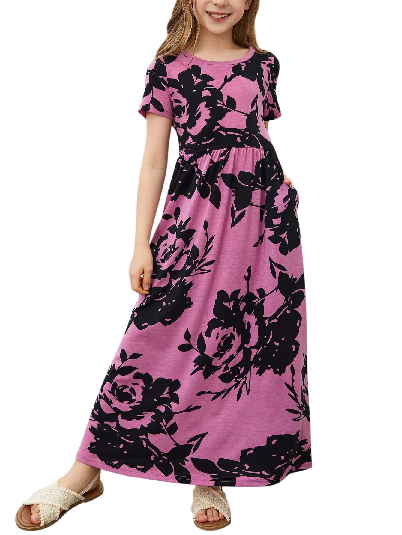 GORLYA Girl's Short Sleeve Floral Print Loose Casual Long Maxi Dress with Pockets 4-12 Years