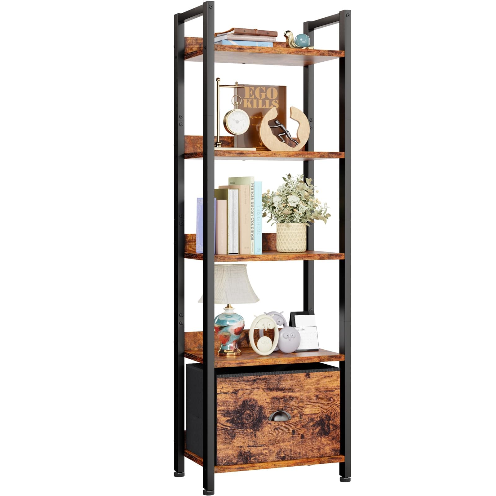 5 Tier Bookshelf with Drawer, Tall Narrow Bookcase with Shelves, Wood and Metal Bookshelves Storage Organizer, Industrial Display Standing Shelf Unit for Bedroom, Living Room, Rustic Brown